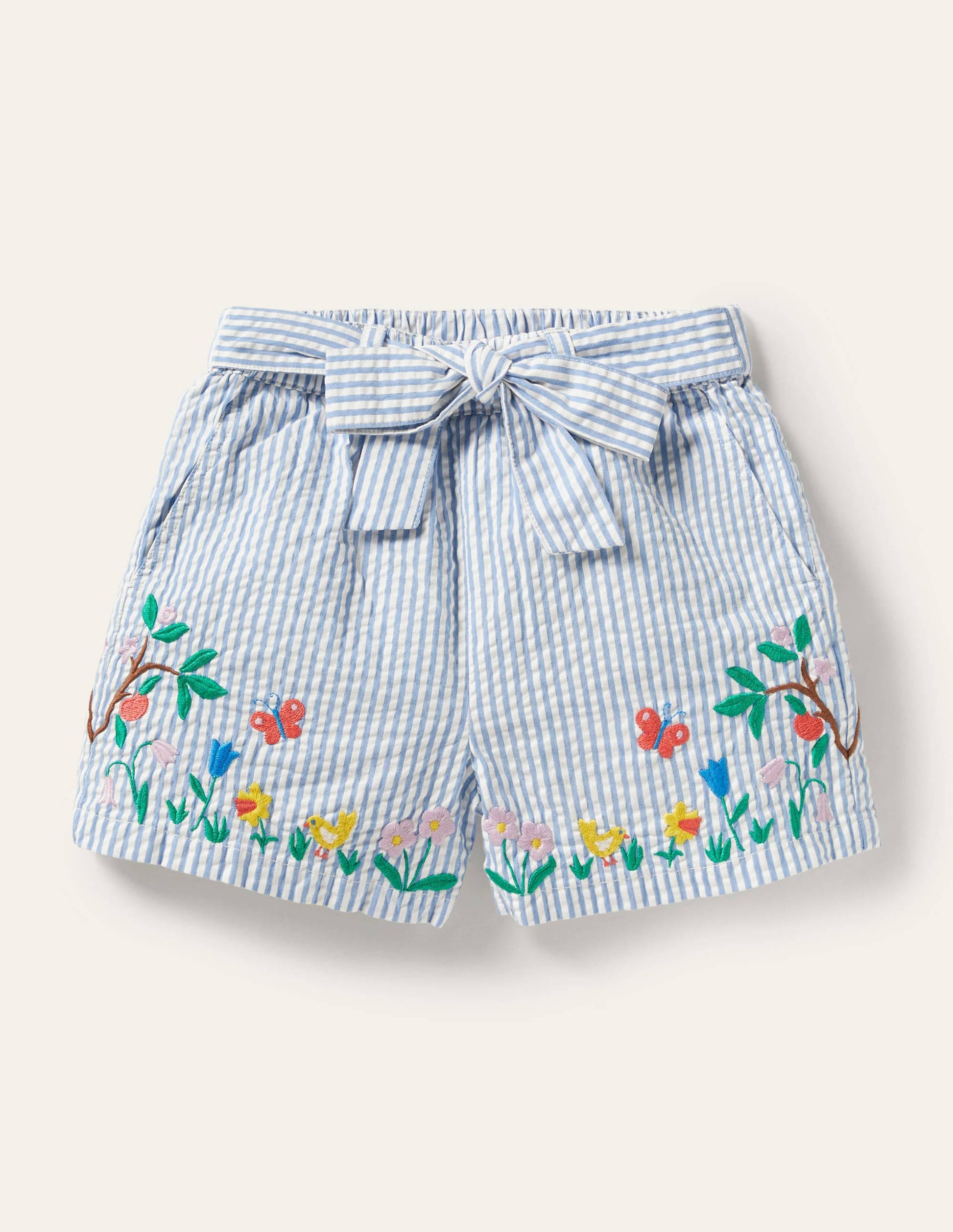 Embroidered Tie-waist Shorts-Bright Bluebell Ticking-1