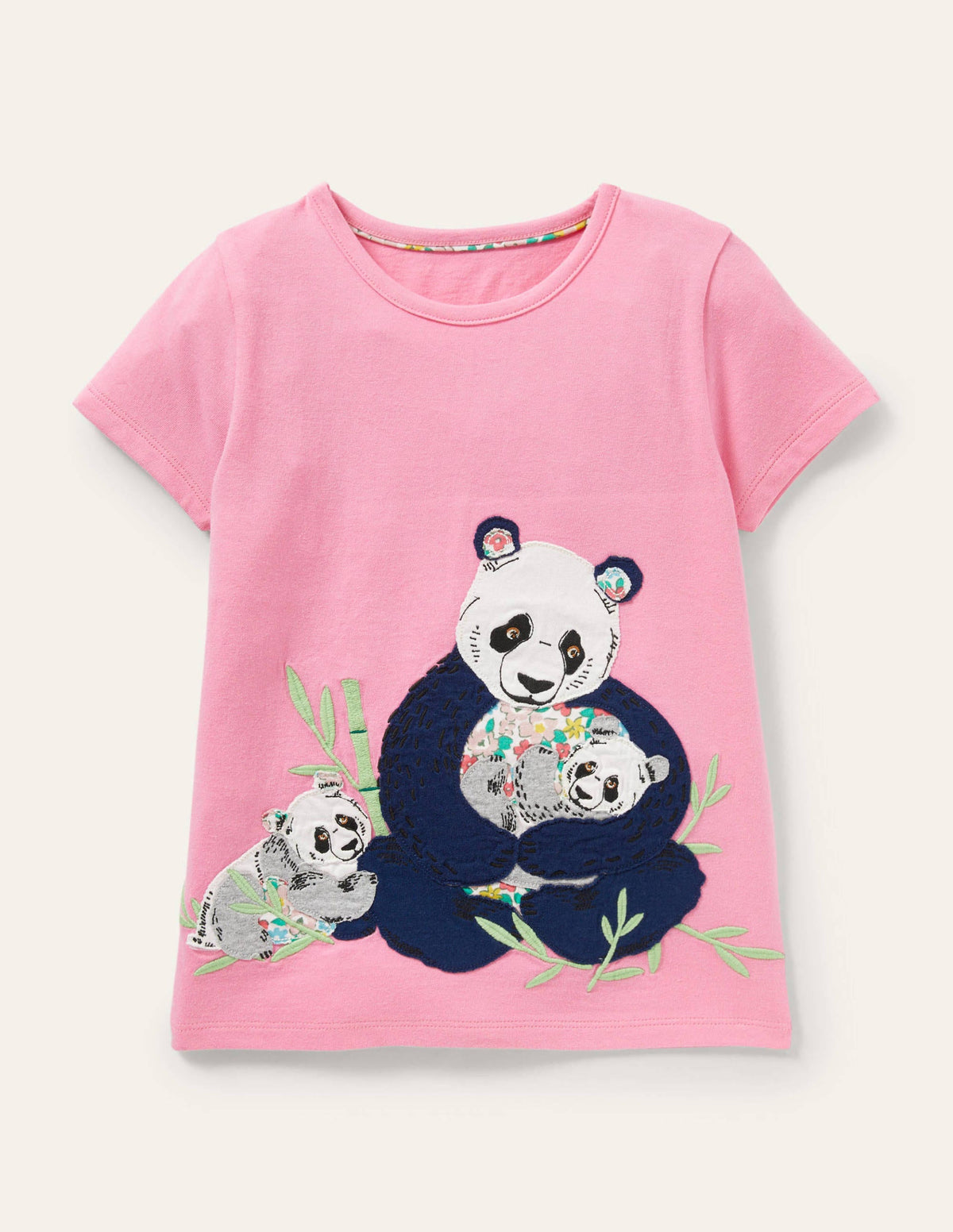 Short-sleeved Appliqué T-shirt-Bright Petal Pink Pandas - Image 1