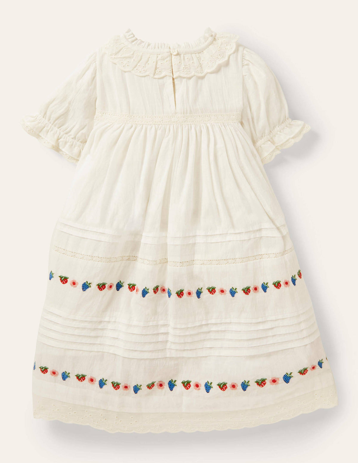 White Strawberry Embroidered Smock Dress-Ivory-2