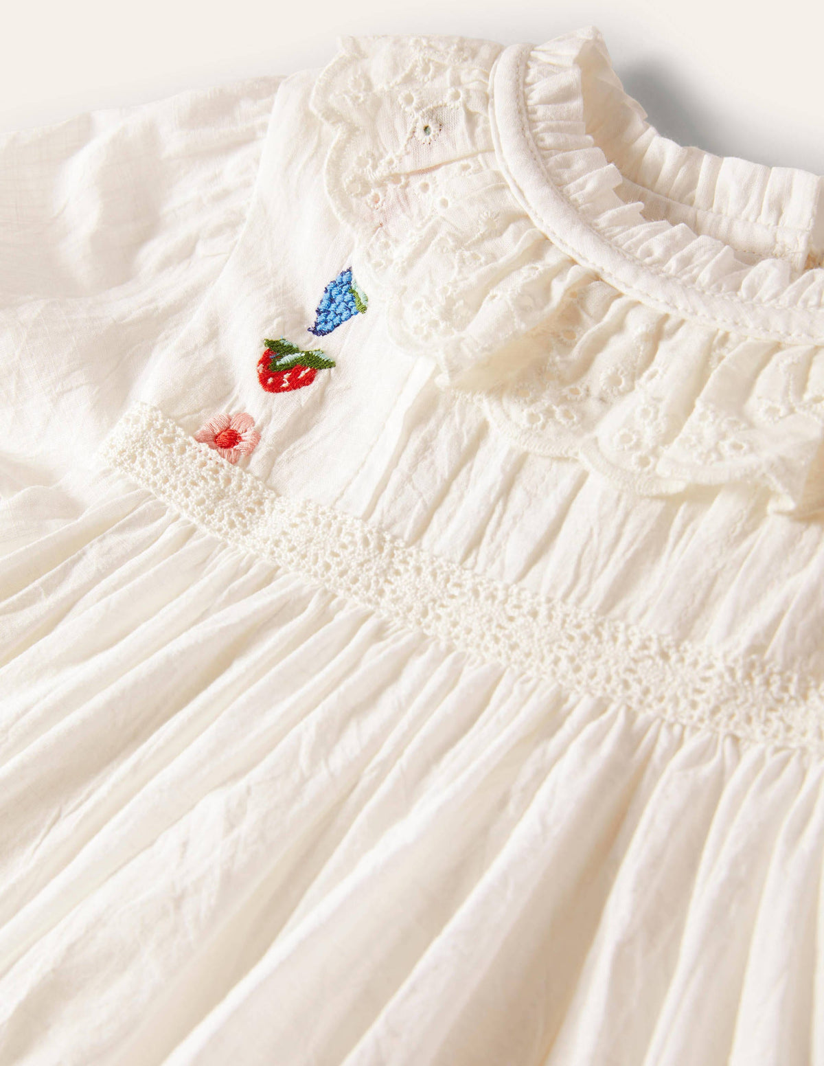 White Strawberry Embroidered Smock Dress-Ivory - Image 3