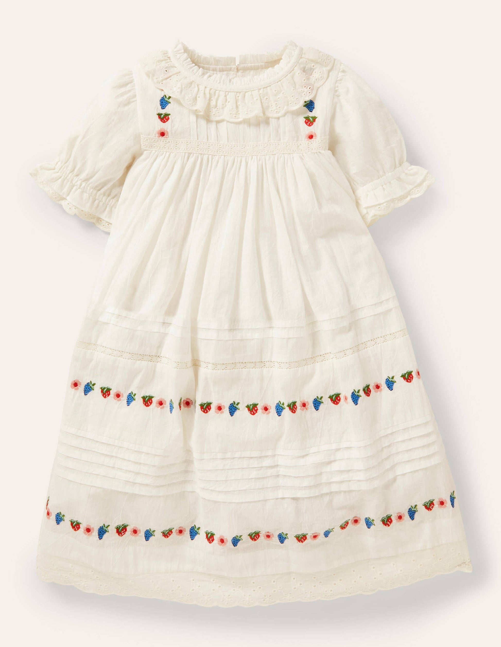 White Strawberry Embroidered Smock Dress-Ivory-1