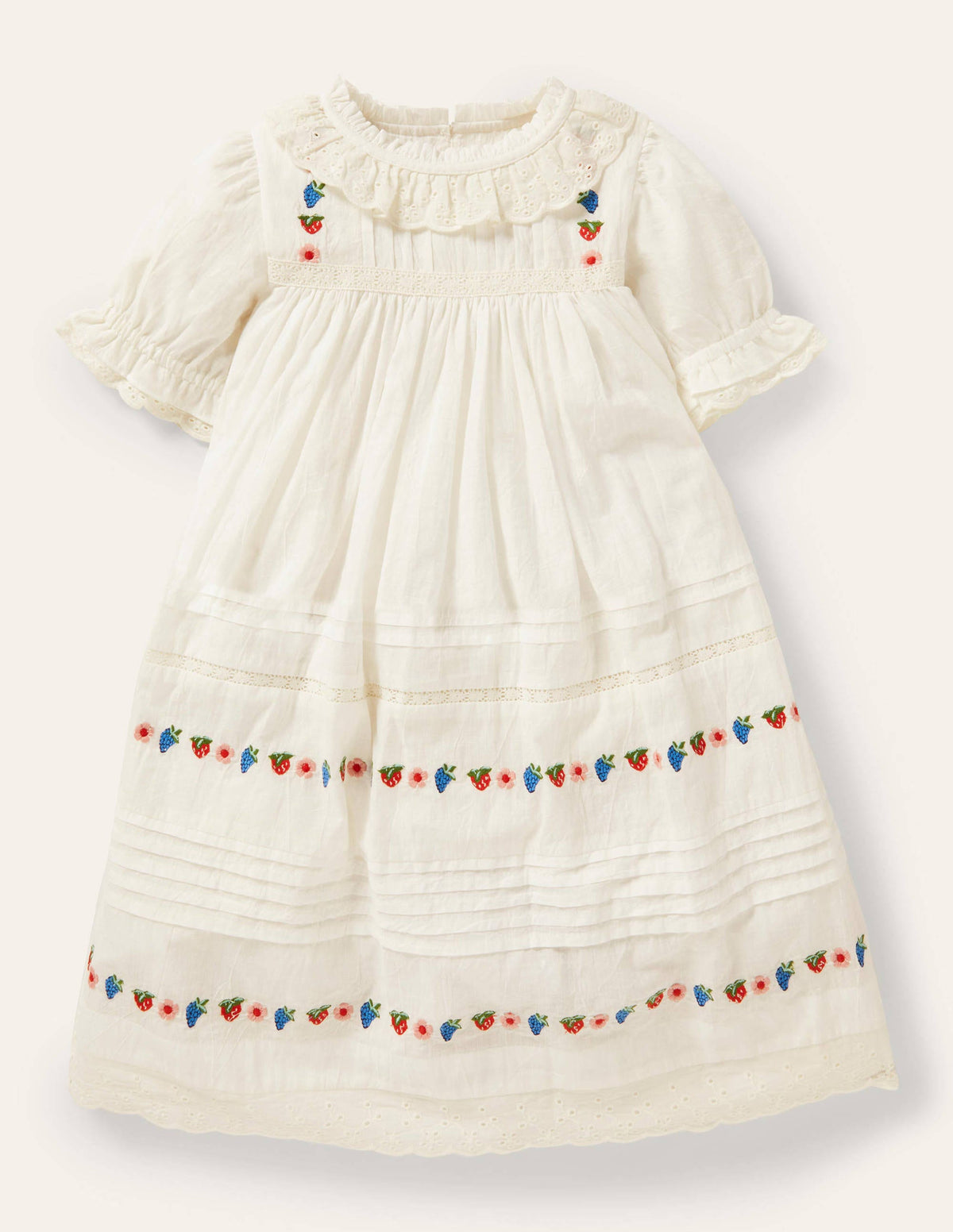 White Strawberry Embroidered Smock Dress-Ivory - Image 1