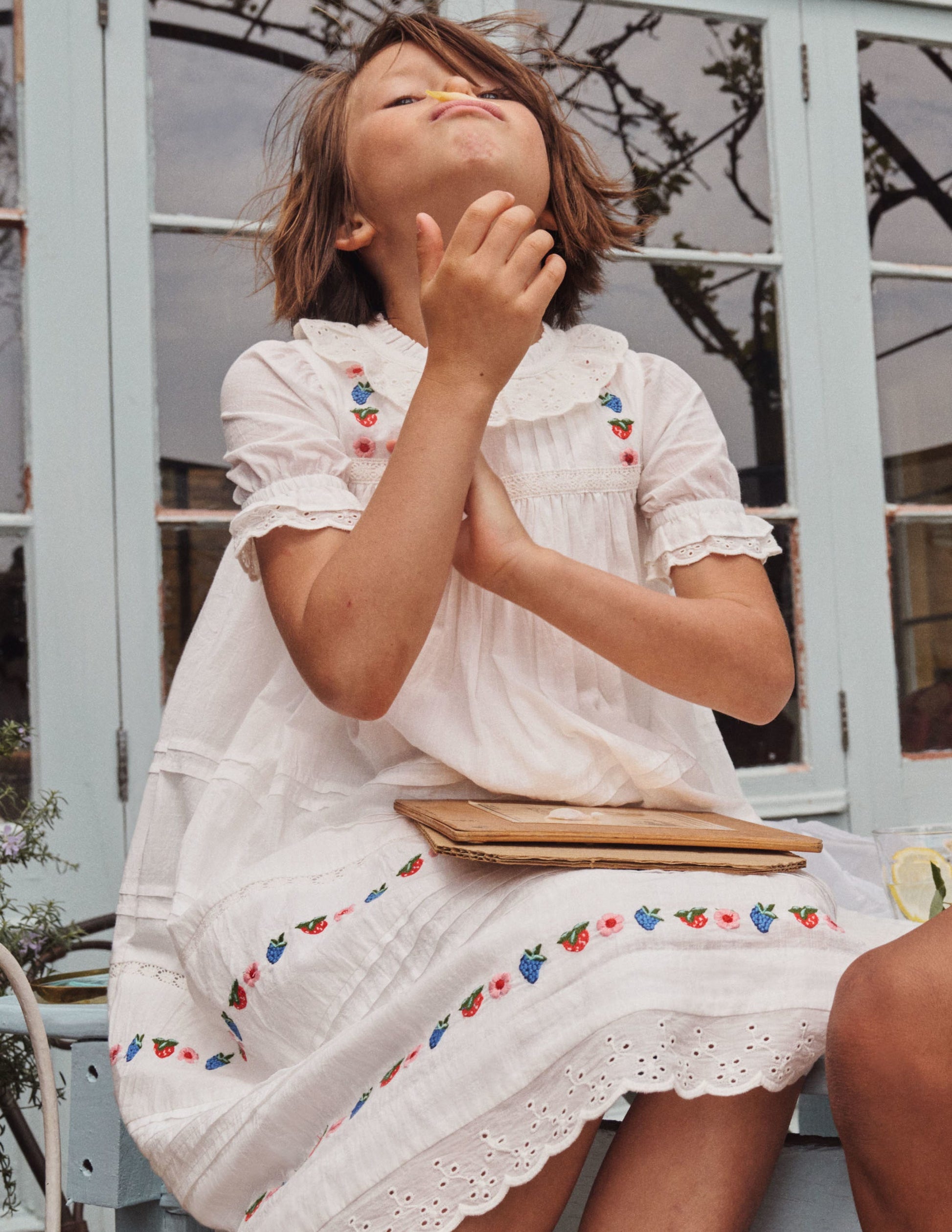 White Strawberry Embroidered Smock Dress-Ivory-4