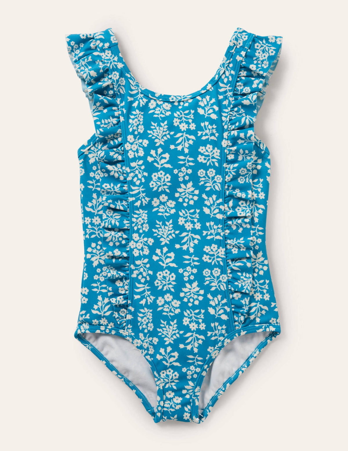 Frilly Strap Swimsuit-Bahama Blue Woodblock - Image 1