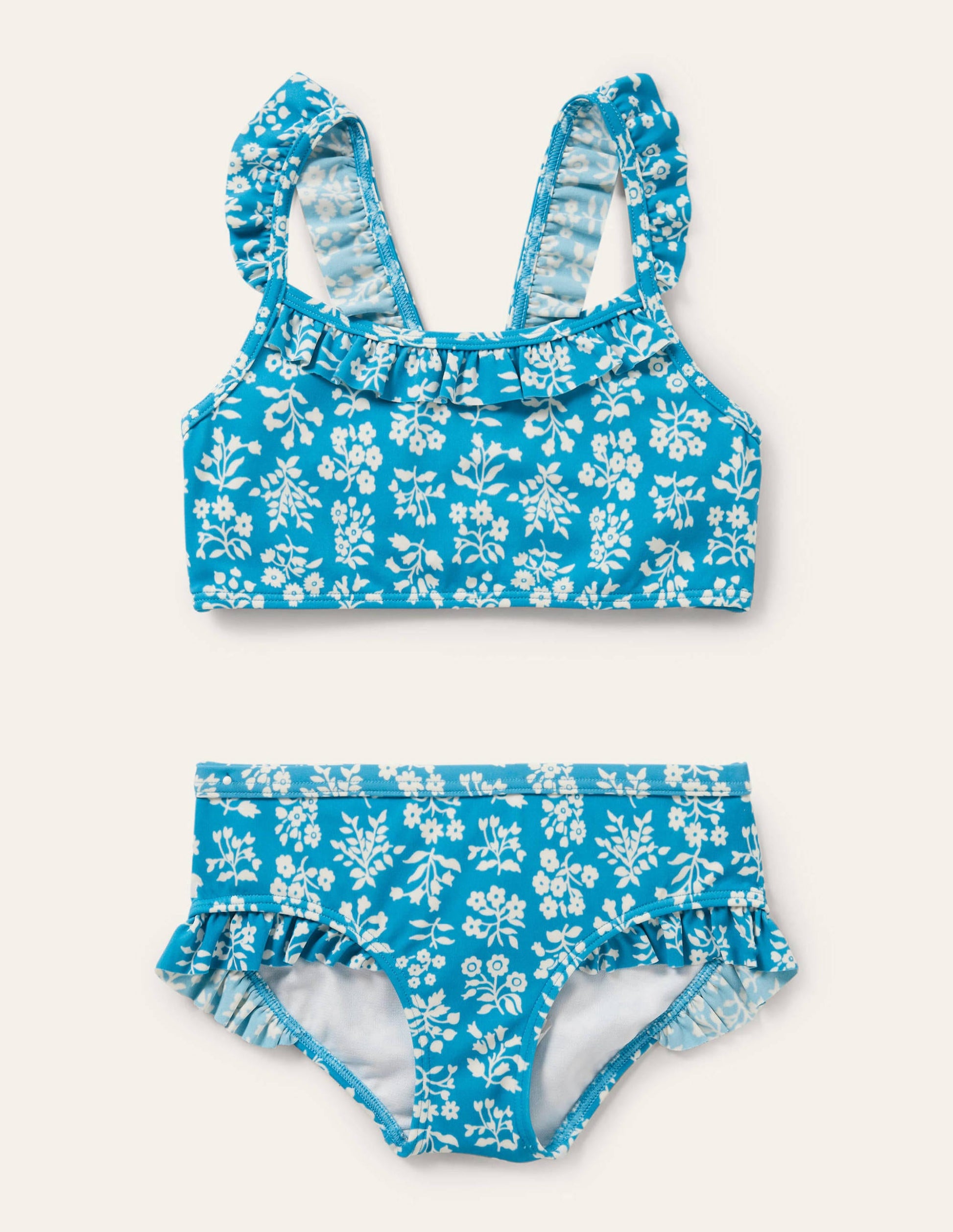 Frilly Strap Bikini Set-Bahama Blue Woodblock-1