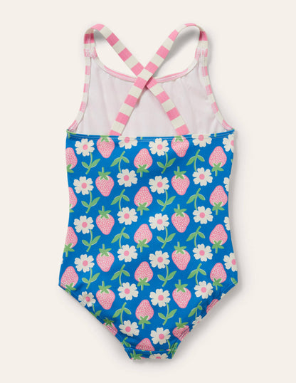 Strawberry Hotchpotch Cross-back Swimsuit-Bright Blue Strawberry Stamp-2