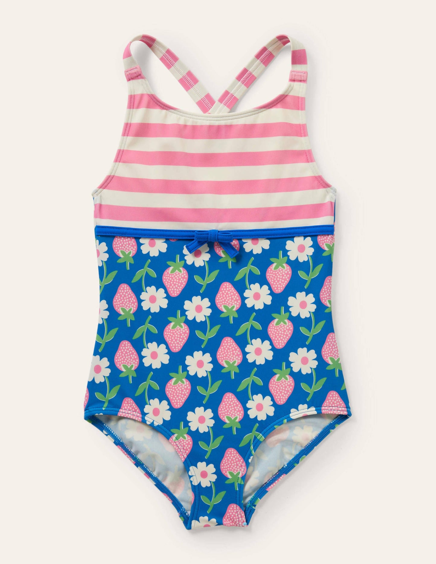 Strawberry Hotchpotch Cross-back Swimsuit-Bright Blue Strawberry Stamp