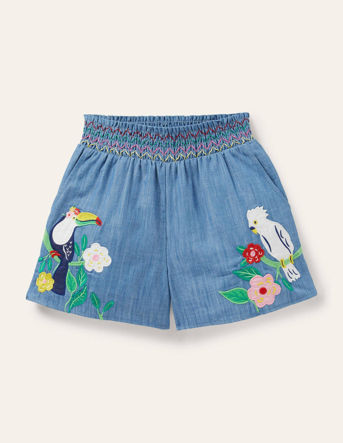 Shirred Embroidered Shorts-Chambray Birds-1