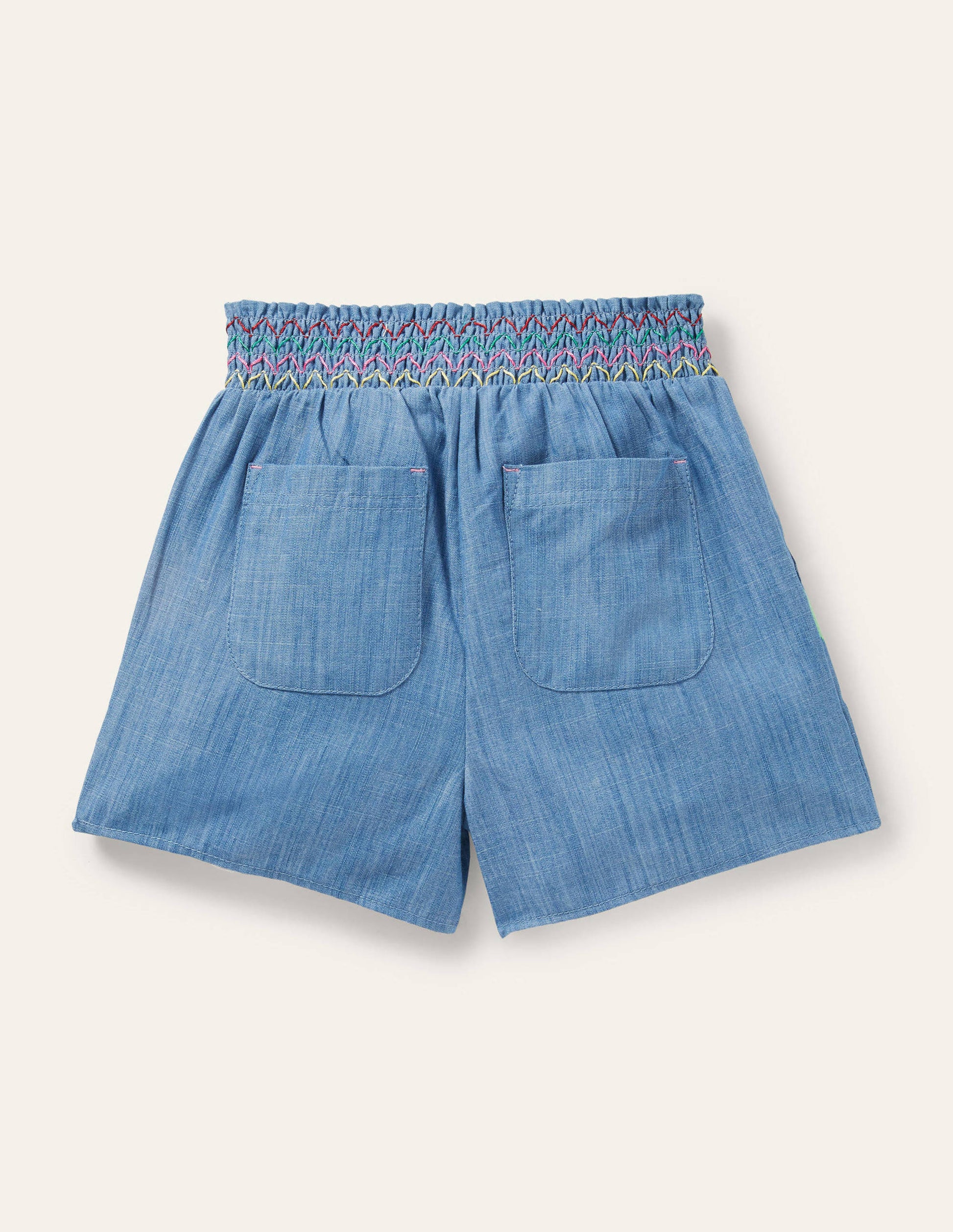 Shirred Embroidered Shorts-Chambray Birds-2