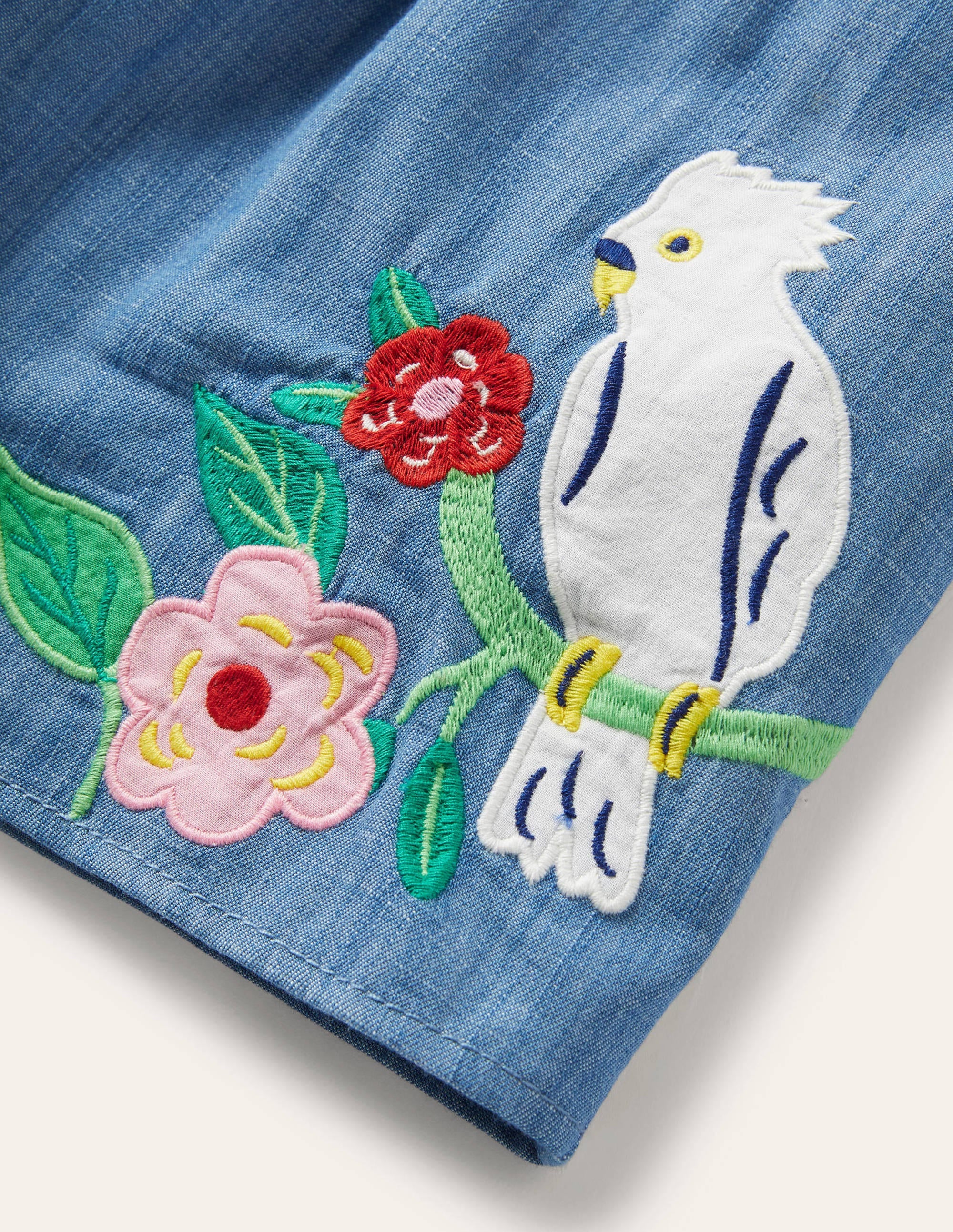 Shirred Embroidered Shorts-Chambray Birds - Image 3