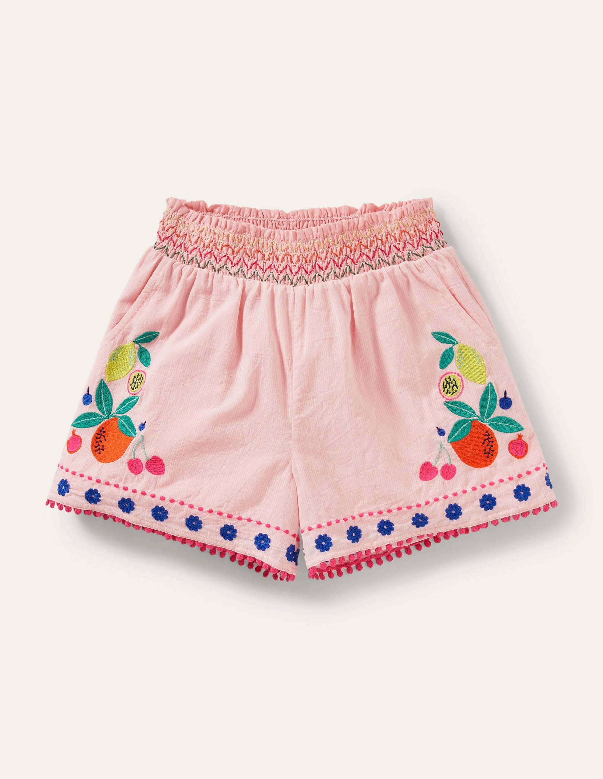 Shirred Embroidered Shorts-Boto Pink Fruit - Image 1