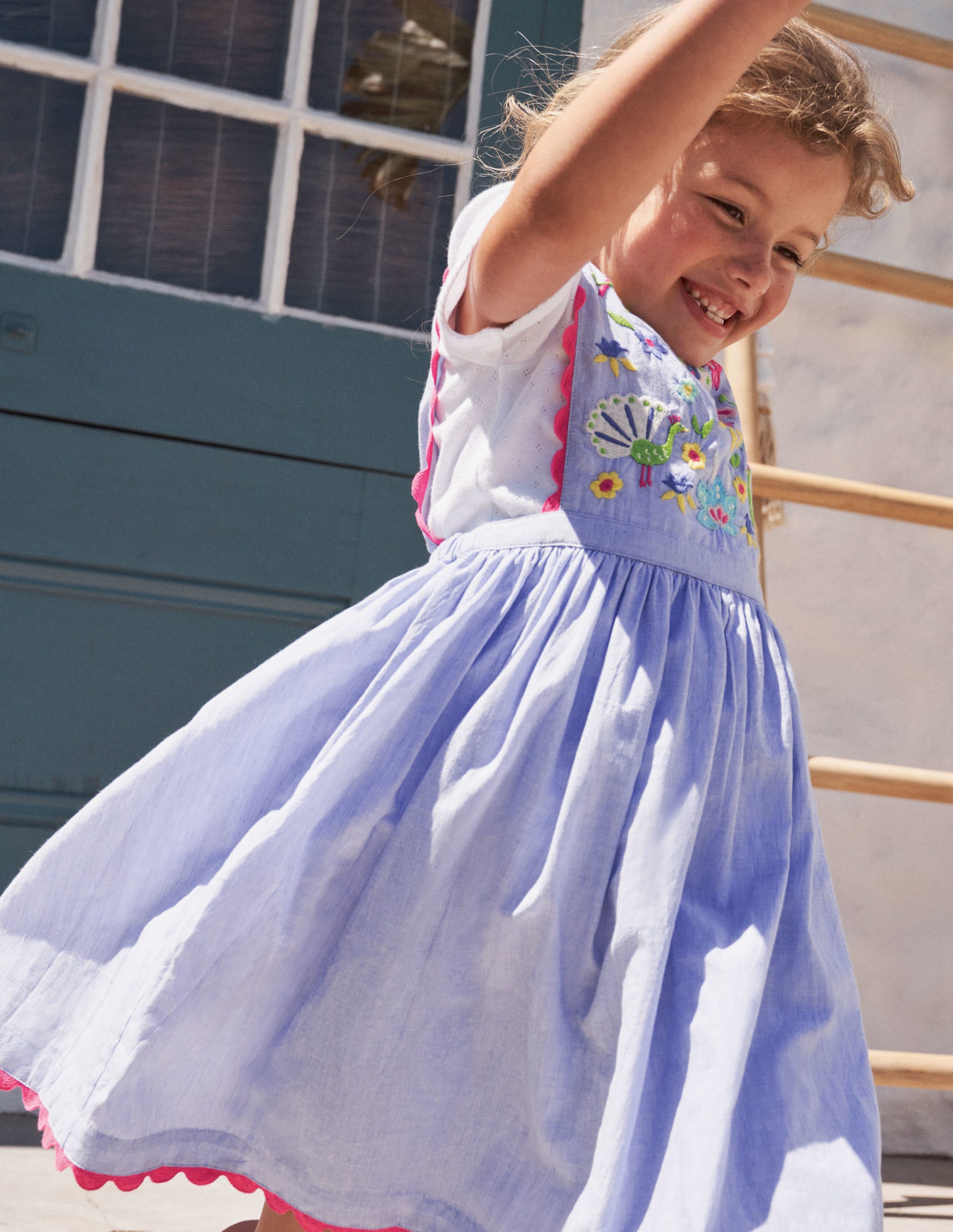 Woven Pinafore Dress-Blue Multi Embroidery - Image 4