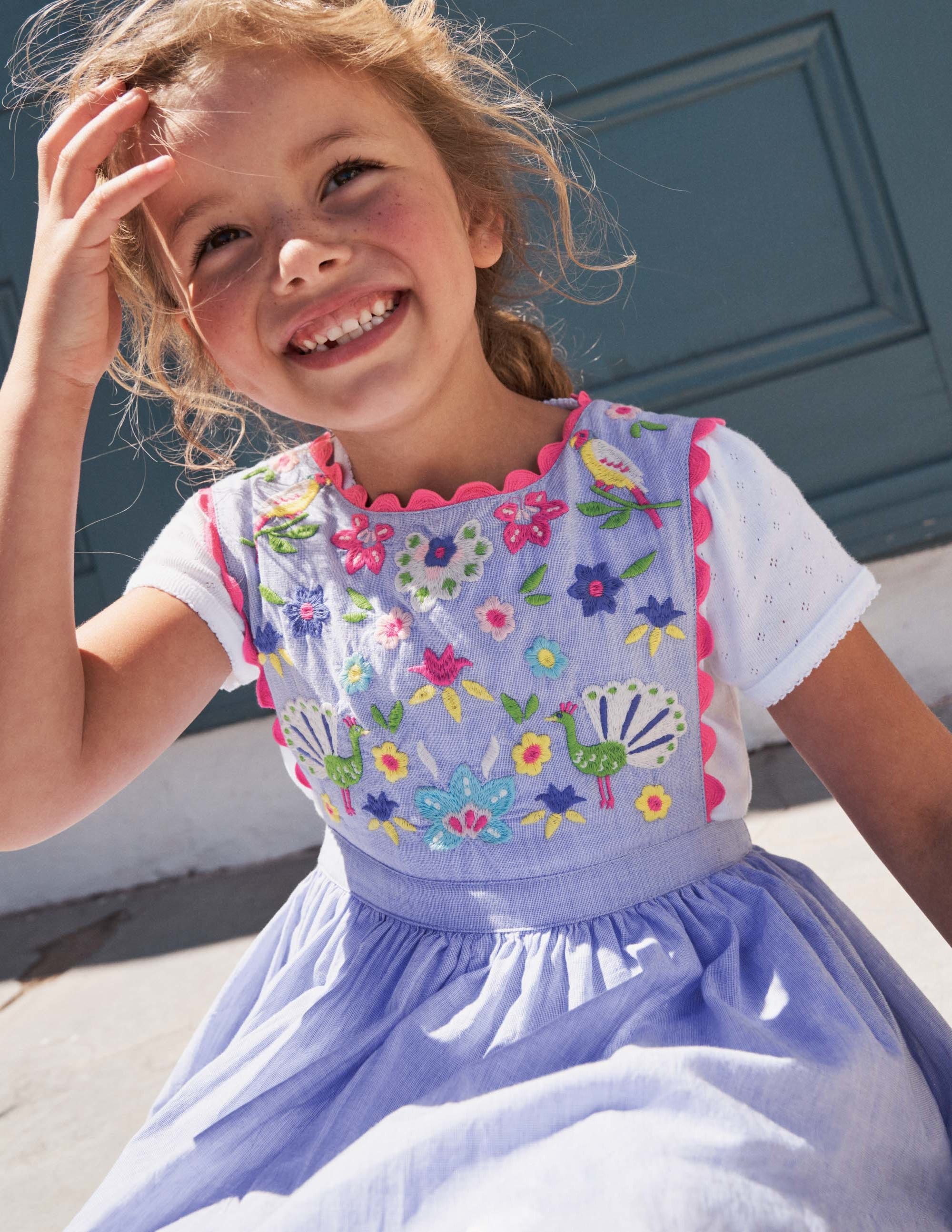 Woven Pinafore Dress-Blue Multi Embroidery - Image 5