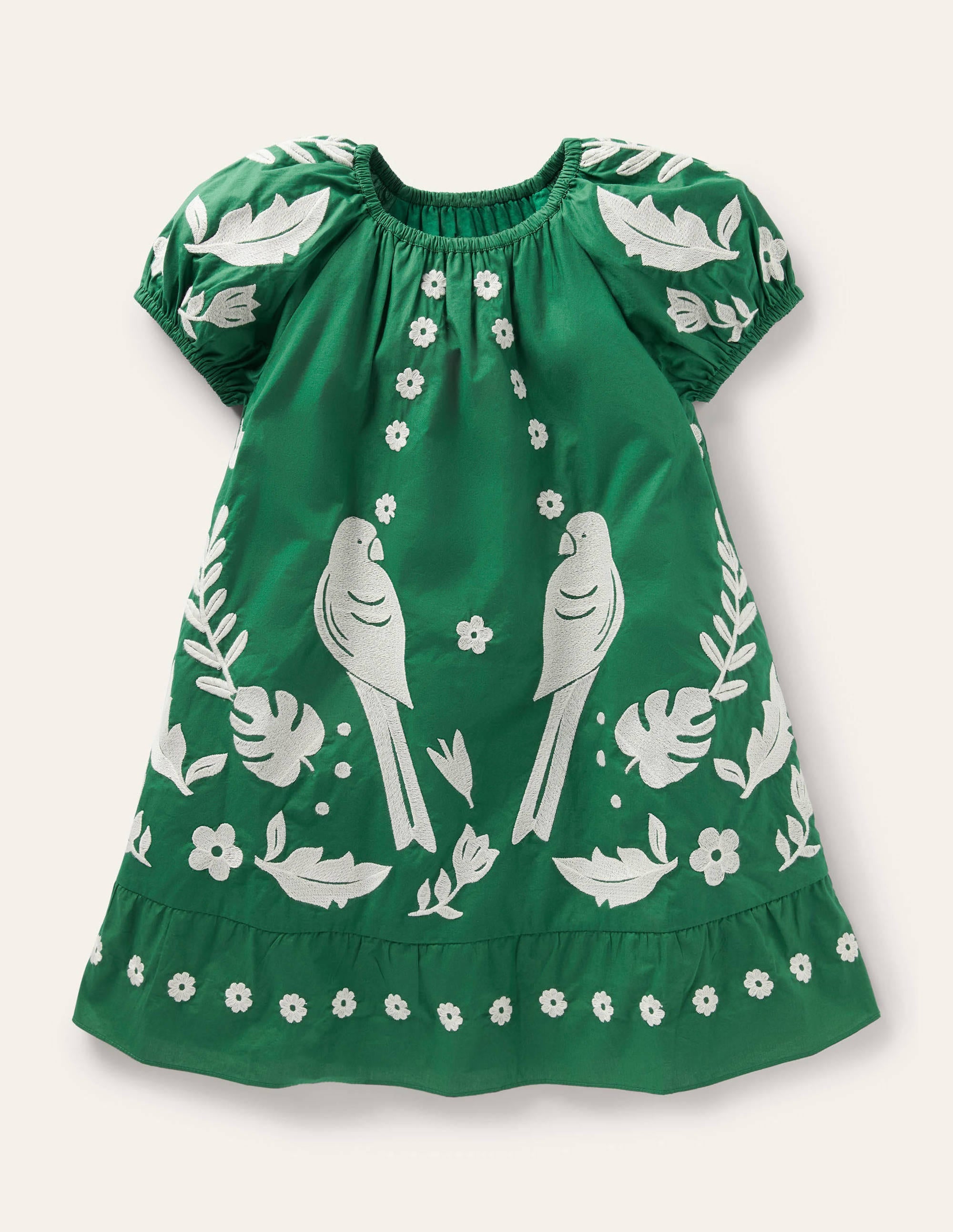 Puff Sleeve Embroidered Dress-Green Pepper Birds - Image 1