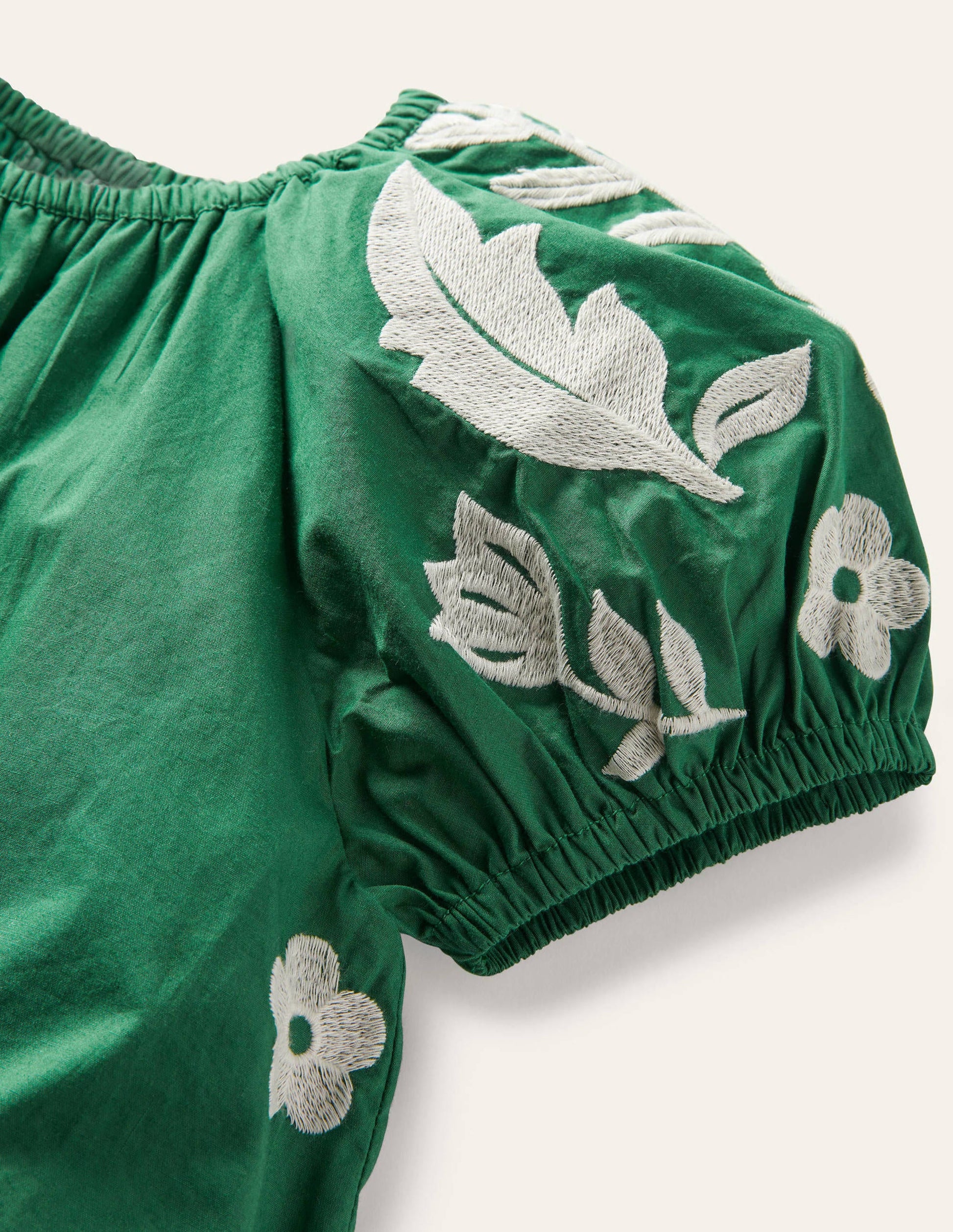 Puff Sleeve Embroidered Dress-Green Pepper Birds-3