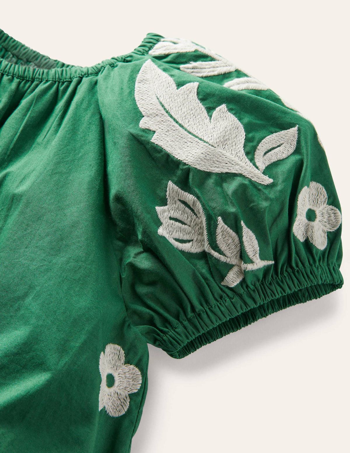Puff Sleeve Embroidered Dress-Green Pepper Birds - Image 3