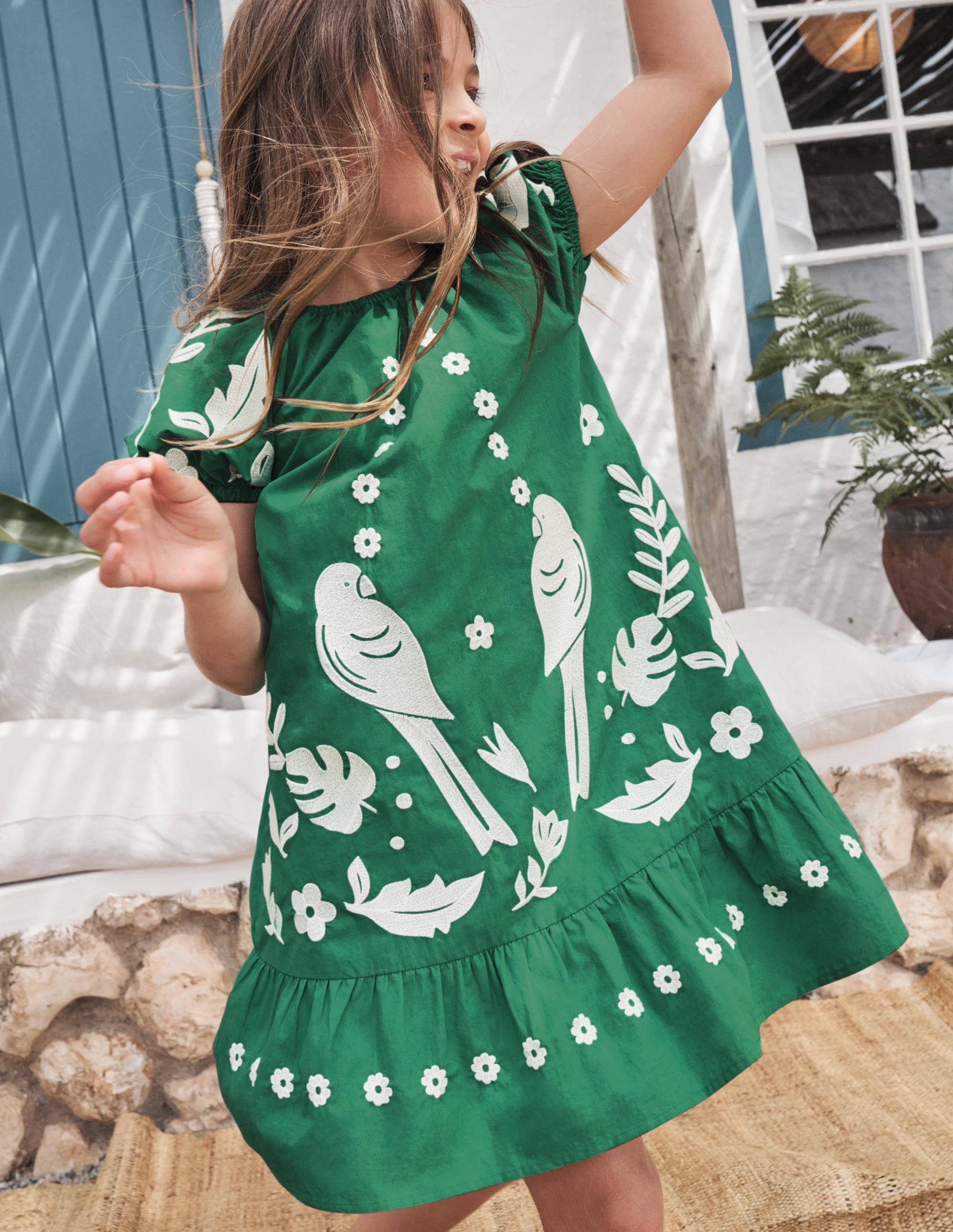 Puff Sleeve Embroidered Dress-Green Pepper Birds - Image 4