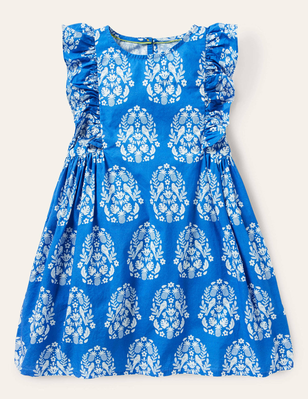 Frill Sleeve Printed Dress-Bright Marina Blue Woodblock - Image 1