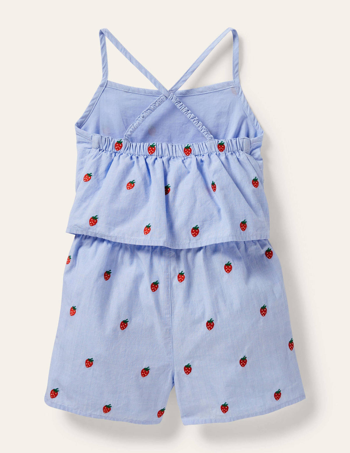 Blue Strawberry Print Woven Romper-Chambray Embroidered - Image 2