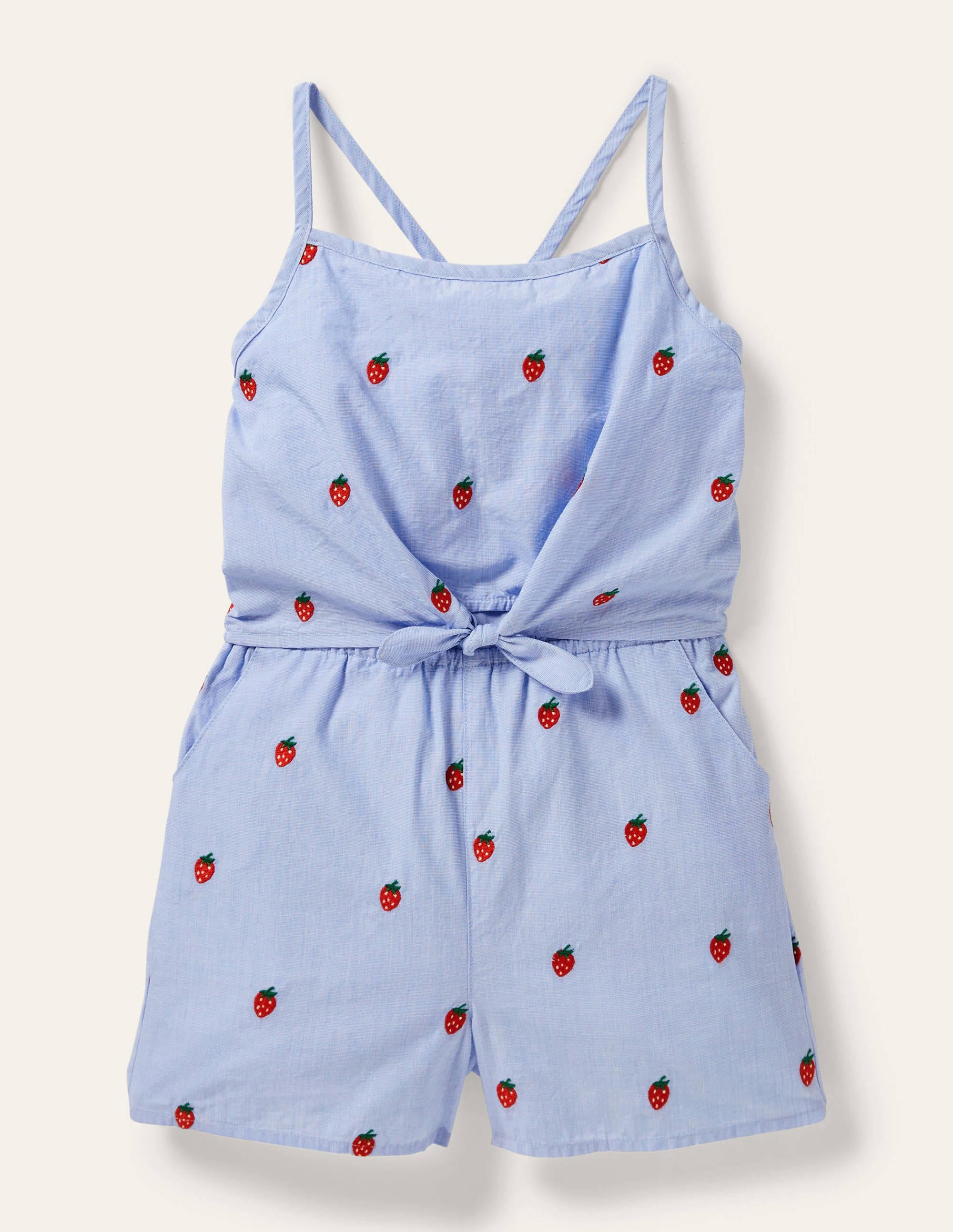 Blue Strawberry Print Woven Romper-Chambray Embroidered - Image 1