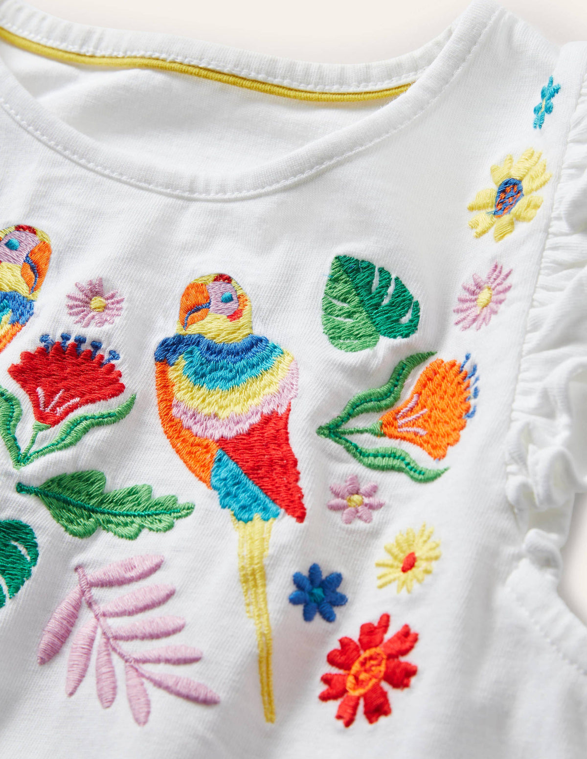Ruffle Interest Logo T-shirt-Ivory Floral Parrot-3