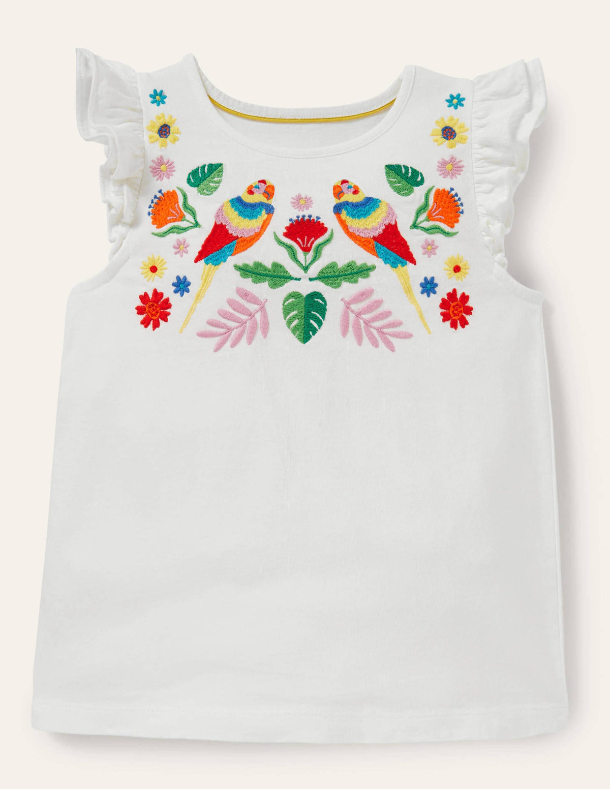 Ruffle Interest Logo T-shirt-Ivory Floral Parrot-1