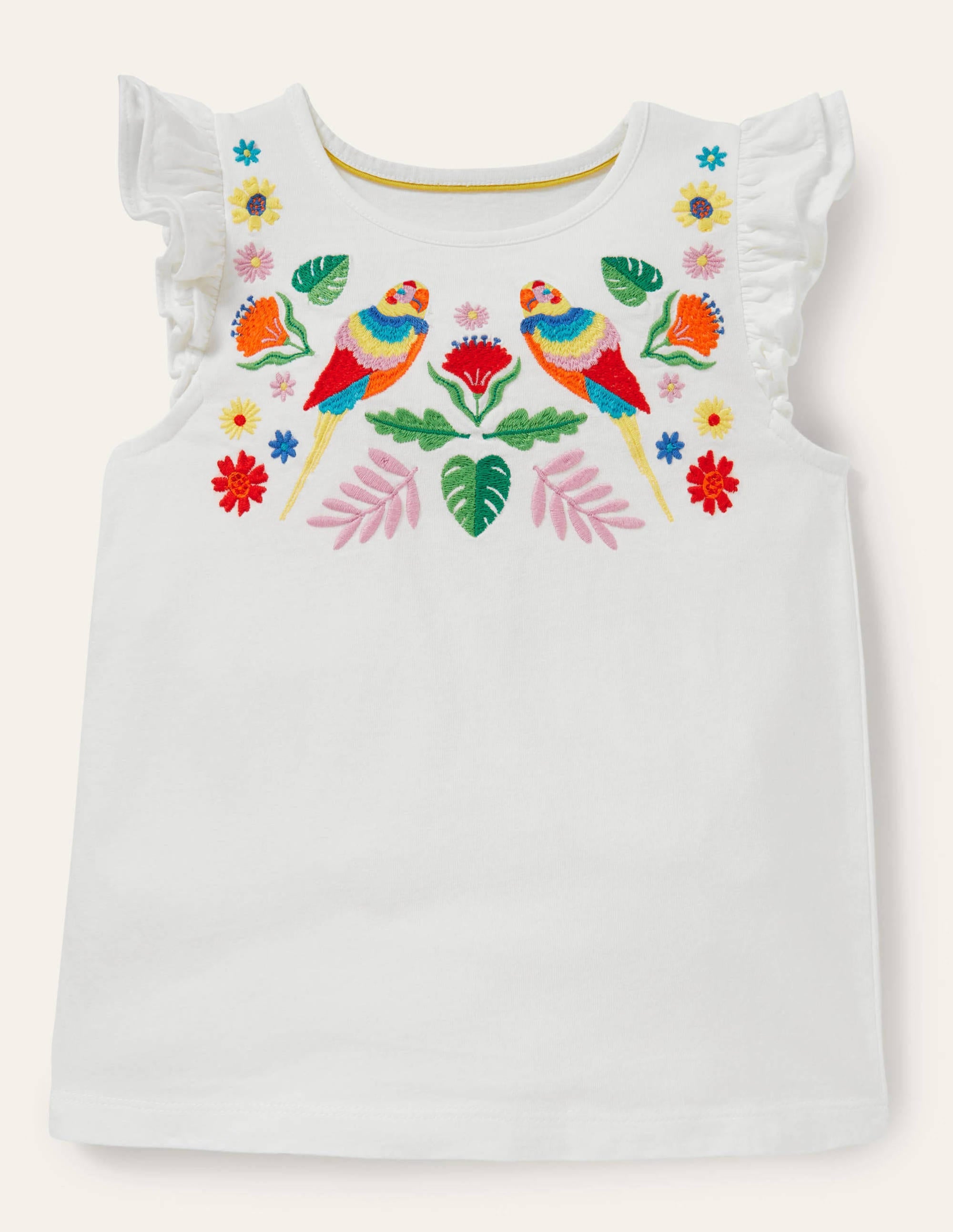 Ruffle Interest Logo T-shirt-Ivory Floral Parrot - Image 1