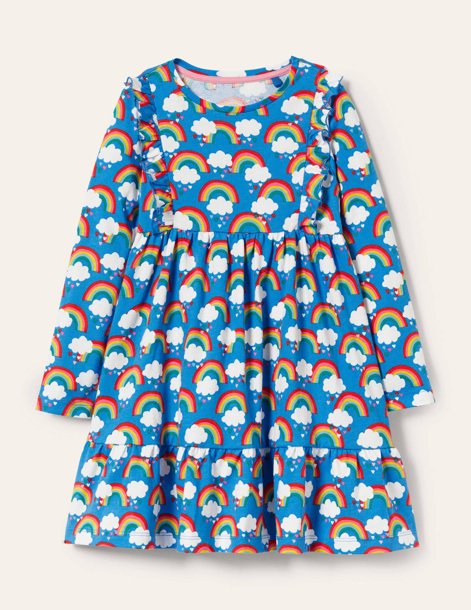 Frill Tiered Jersey Dress-Moroccan Blue Love Rainbows-1