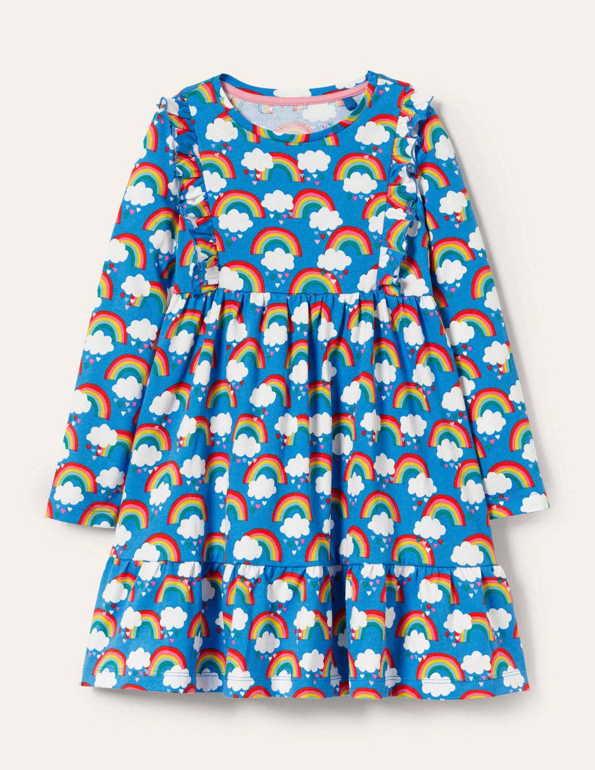 Frill Tiered Jersey Dress-Moroccan Blue Love Rainbows - Image 1