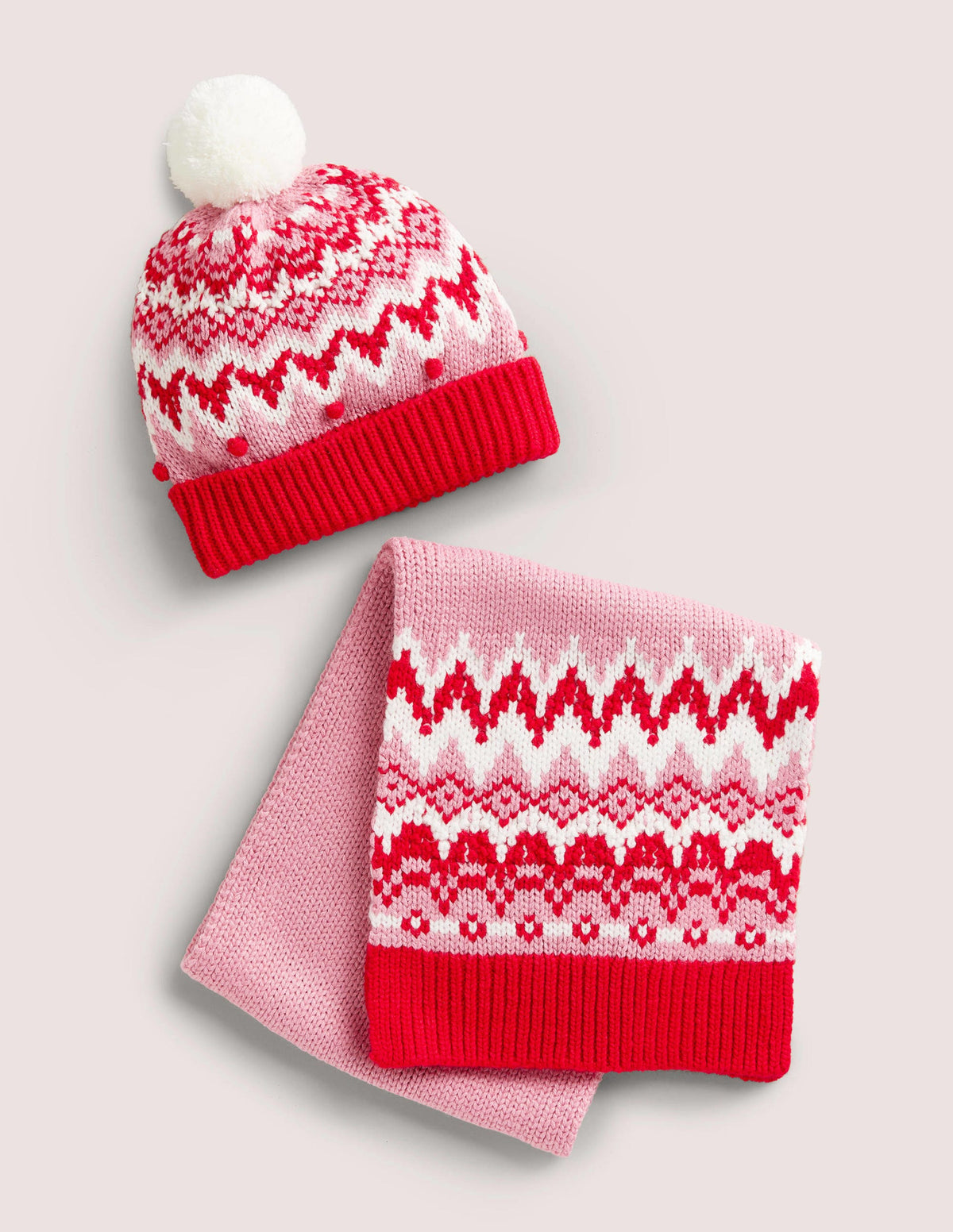 Fair Isle Hat and Scarf set-Pink-1