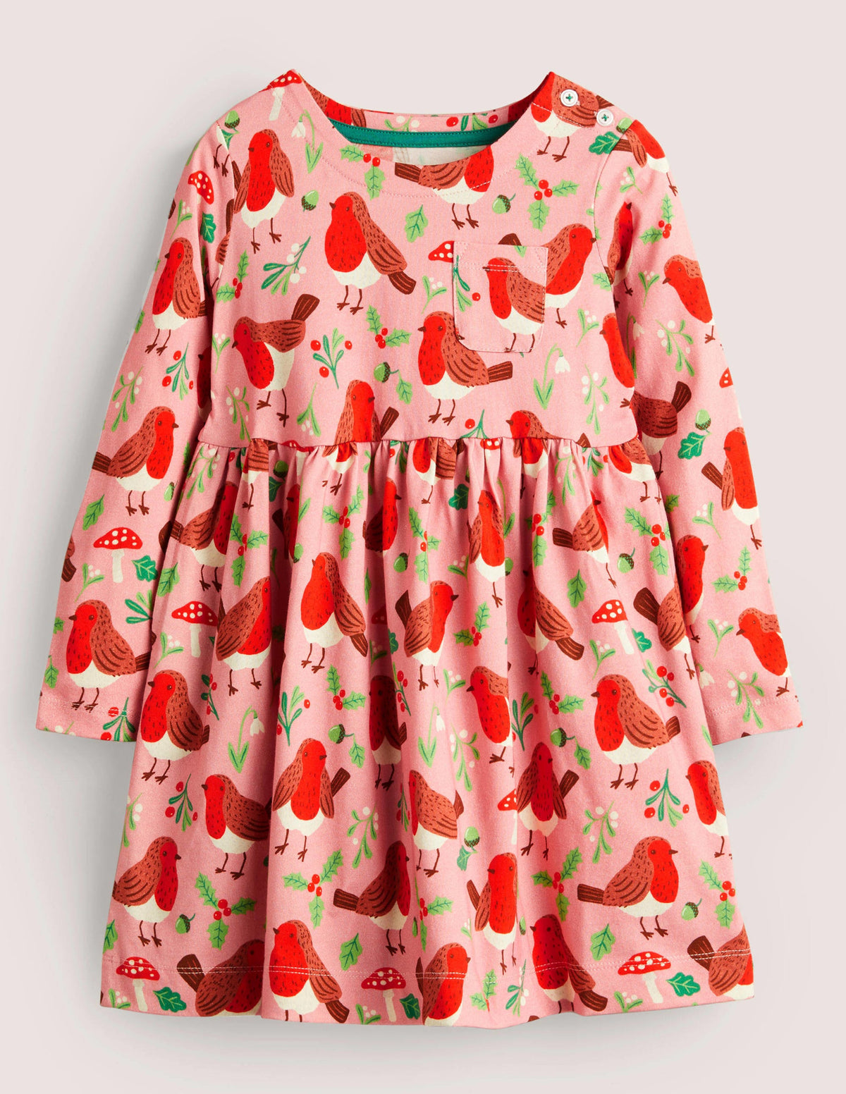 Long Sleeve Fun Jersey Dress-Formica Pink Festive Robins - Image 1