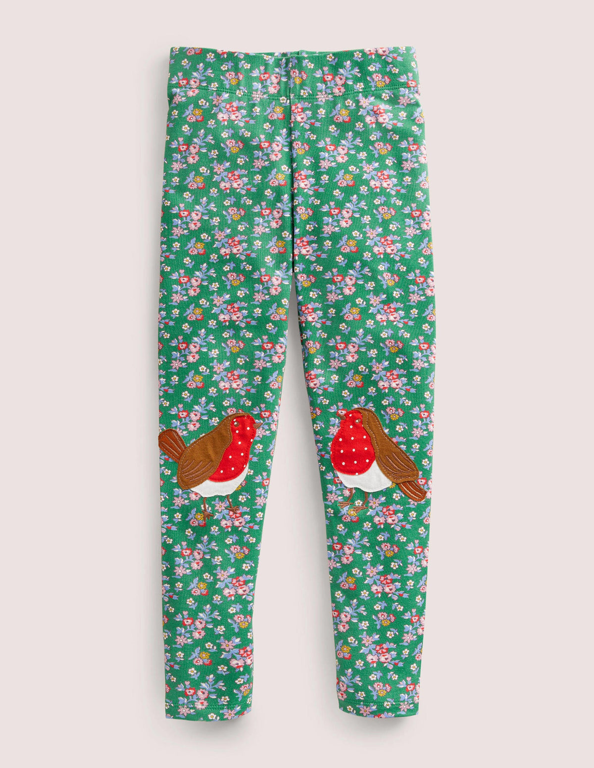 Fun Appliqué Leggings-Shady Glade Green Robins - Image 1