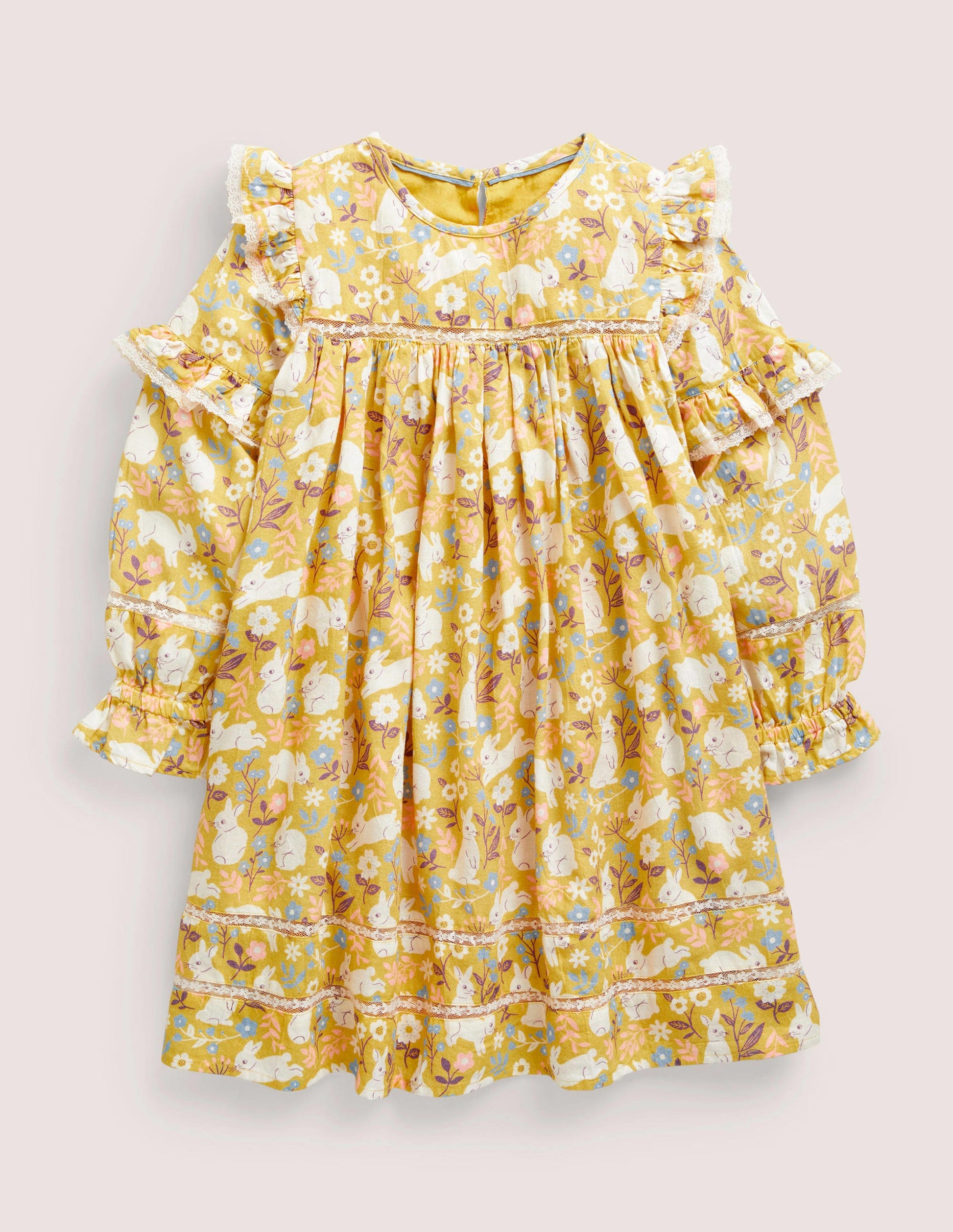 Printed Woven Dress-Honeycomb Yellow Bunnies-1