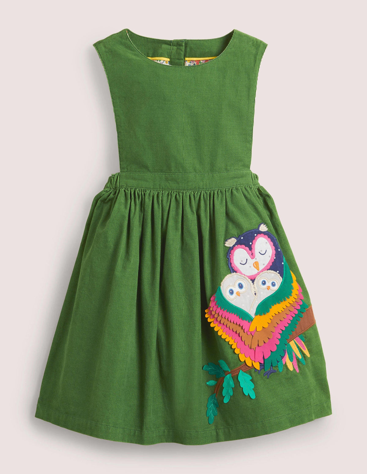 Appliqué Pinafore Dress-Olive Green Owls-1