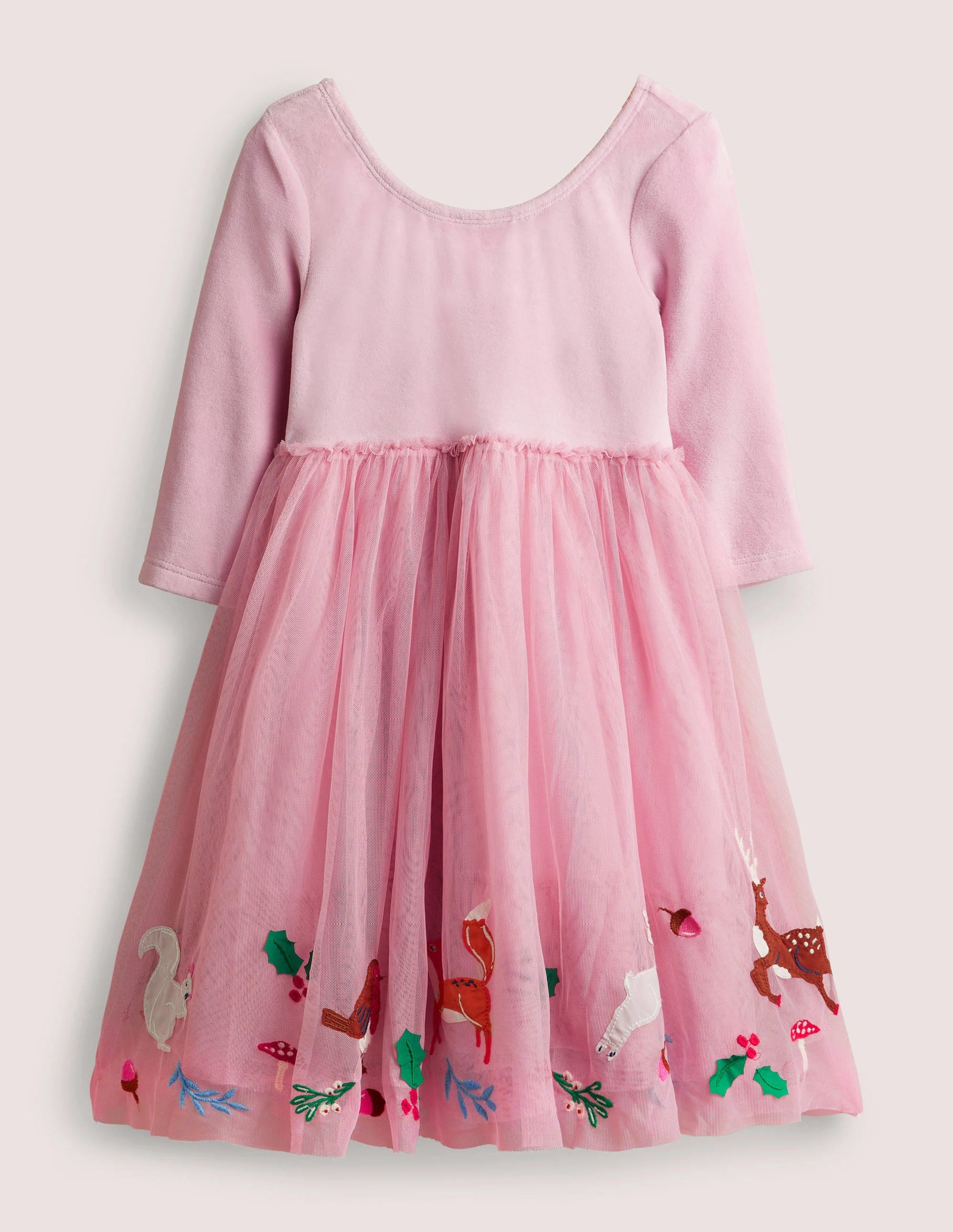 Pink Velvet Bodice Tulle Christmas Party Dress-Cameo Pink Woodland Animals - Image 1