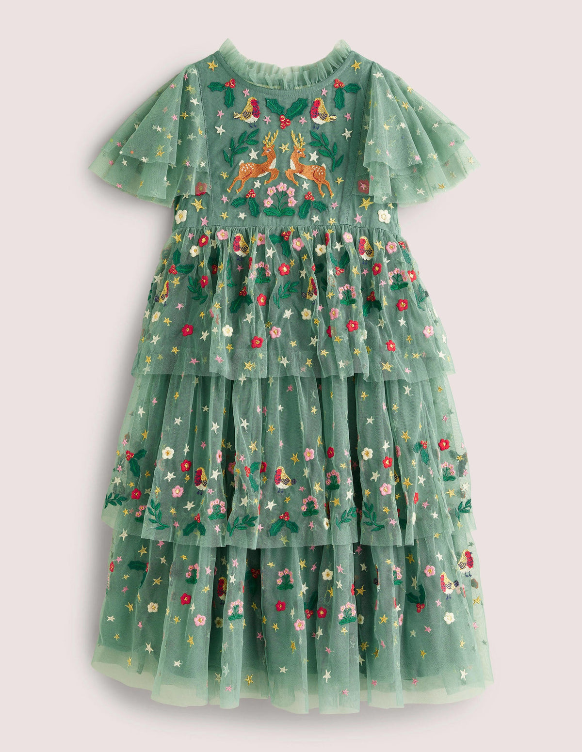 Green Frill Sleeve Tulle Embroidered Party Dress-Csarite Green Festive-1