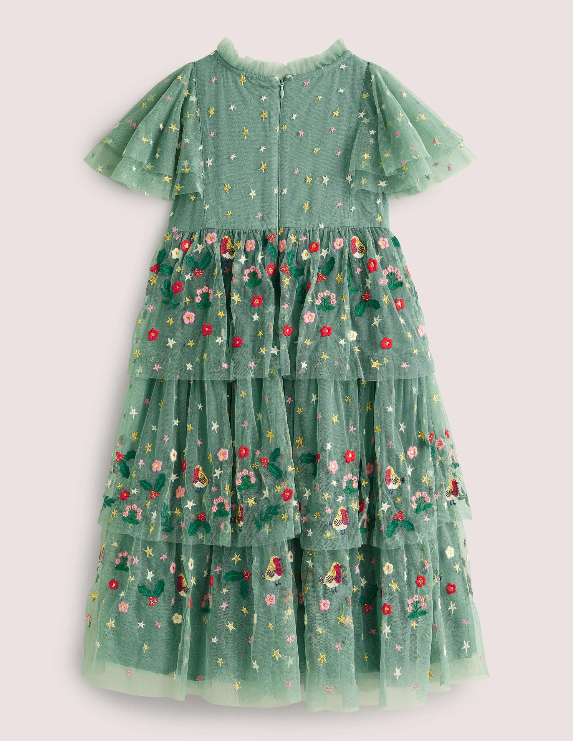 Green Frill Sleeve Tulle Embroidered Party Dress-Csarite Green Festive-3