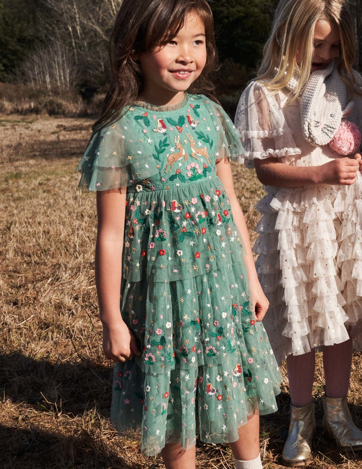 Green Frill Sleeve Tulle Embroidered Party Dress-Csarite Green Festive-4