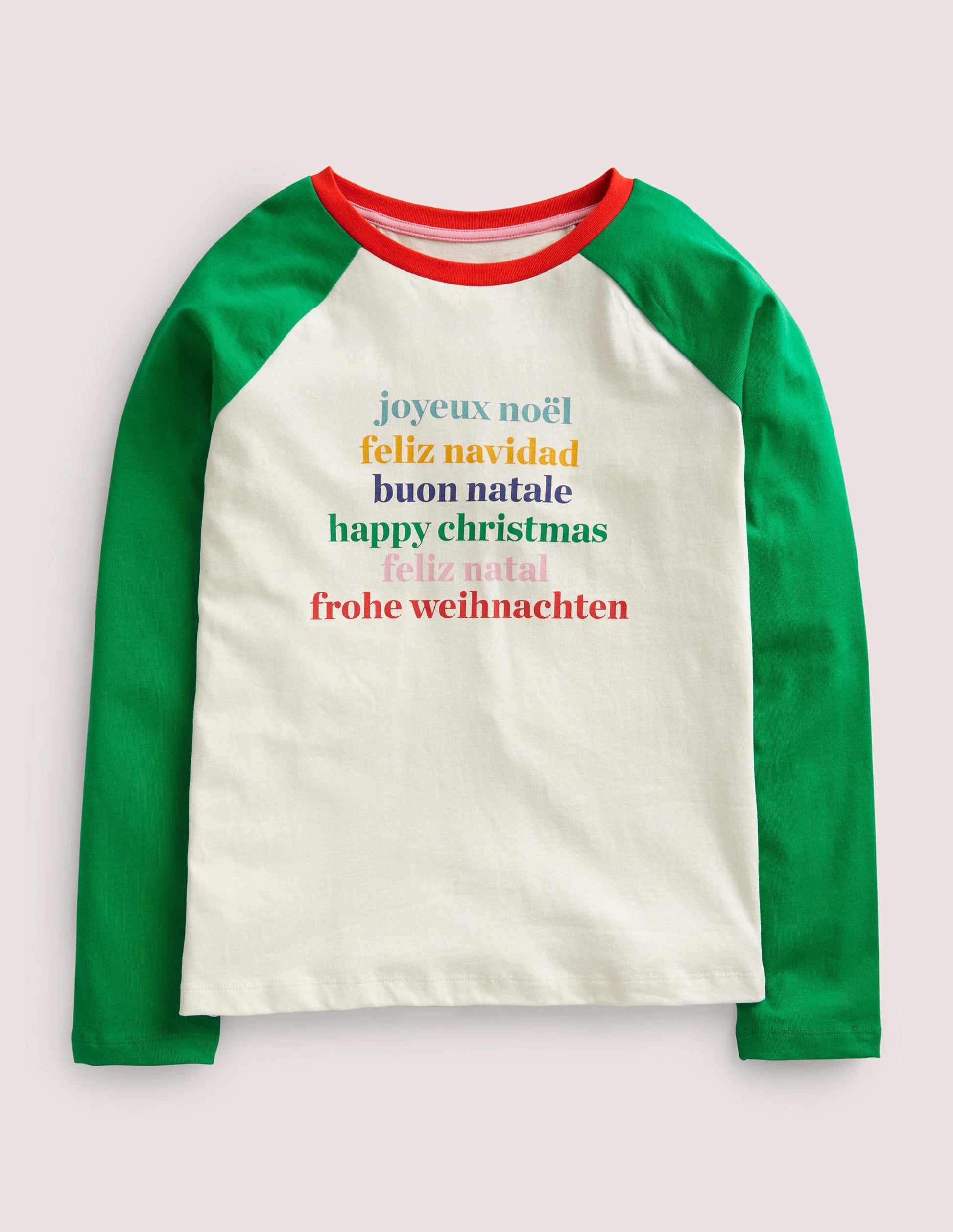 Raglan Festive Printed T-shirt-Ivory/Highland Green-1