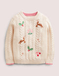 Embroidered Cable Knit Sweater-Ecru Marl Embroidery