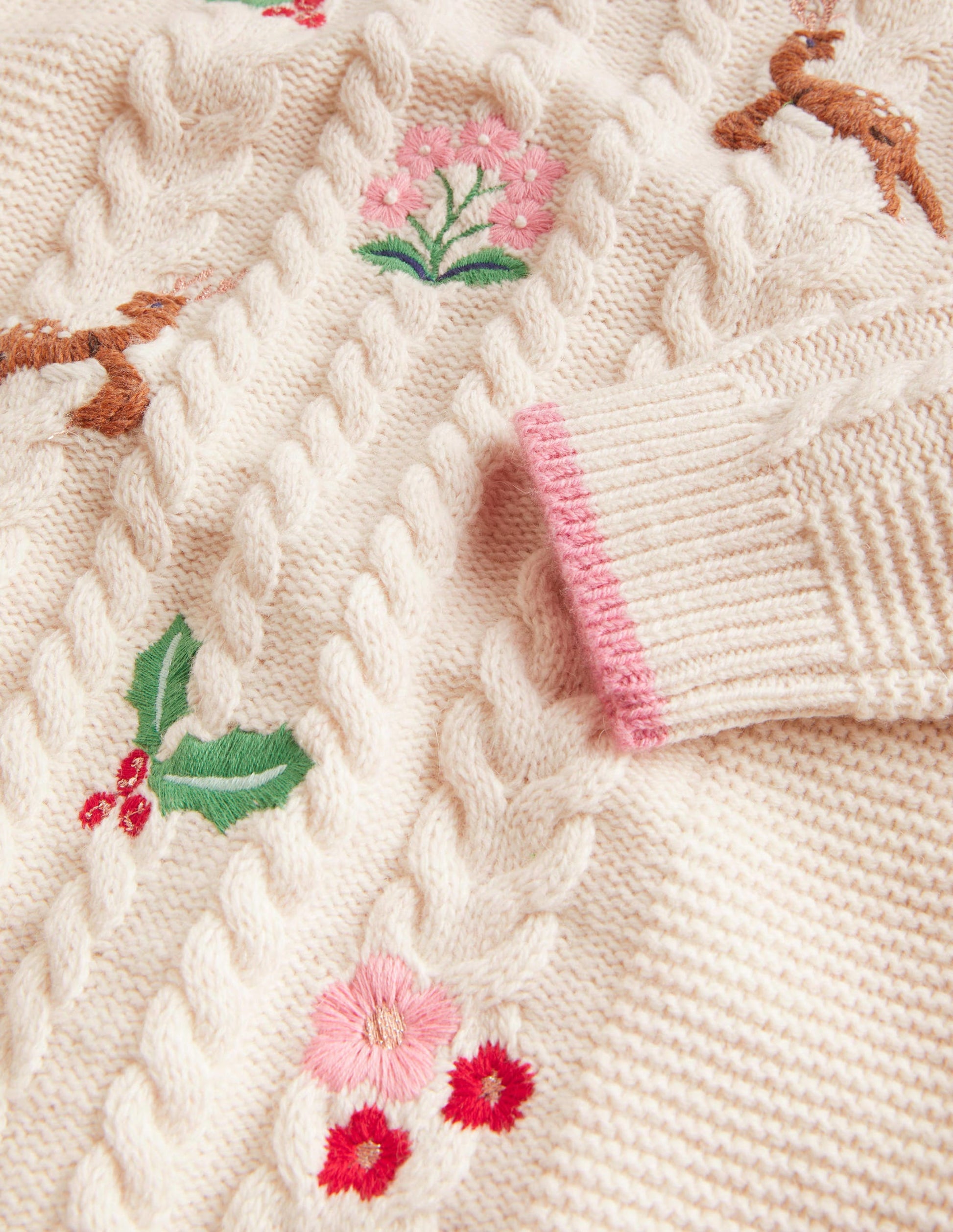Embroidered Cable Knit Sweater-Ecru Marl Embroidery-3