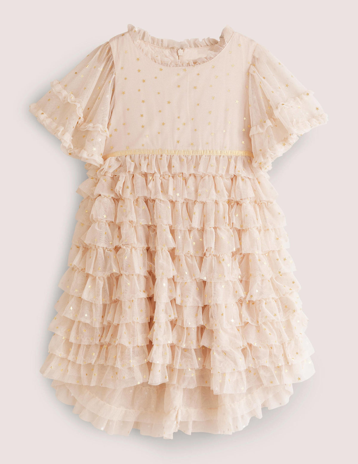 Ivory Gold Star Print Ruffle Tulle Party Dress-Sandpiper Pink Gold Stars-1