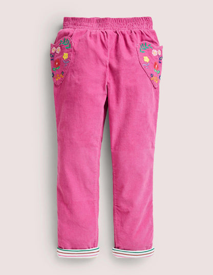 Lined Pull-on Cord Pants-Shocking Pink Embroidery-1
