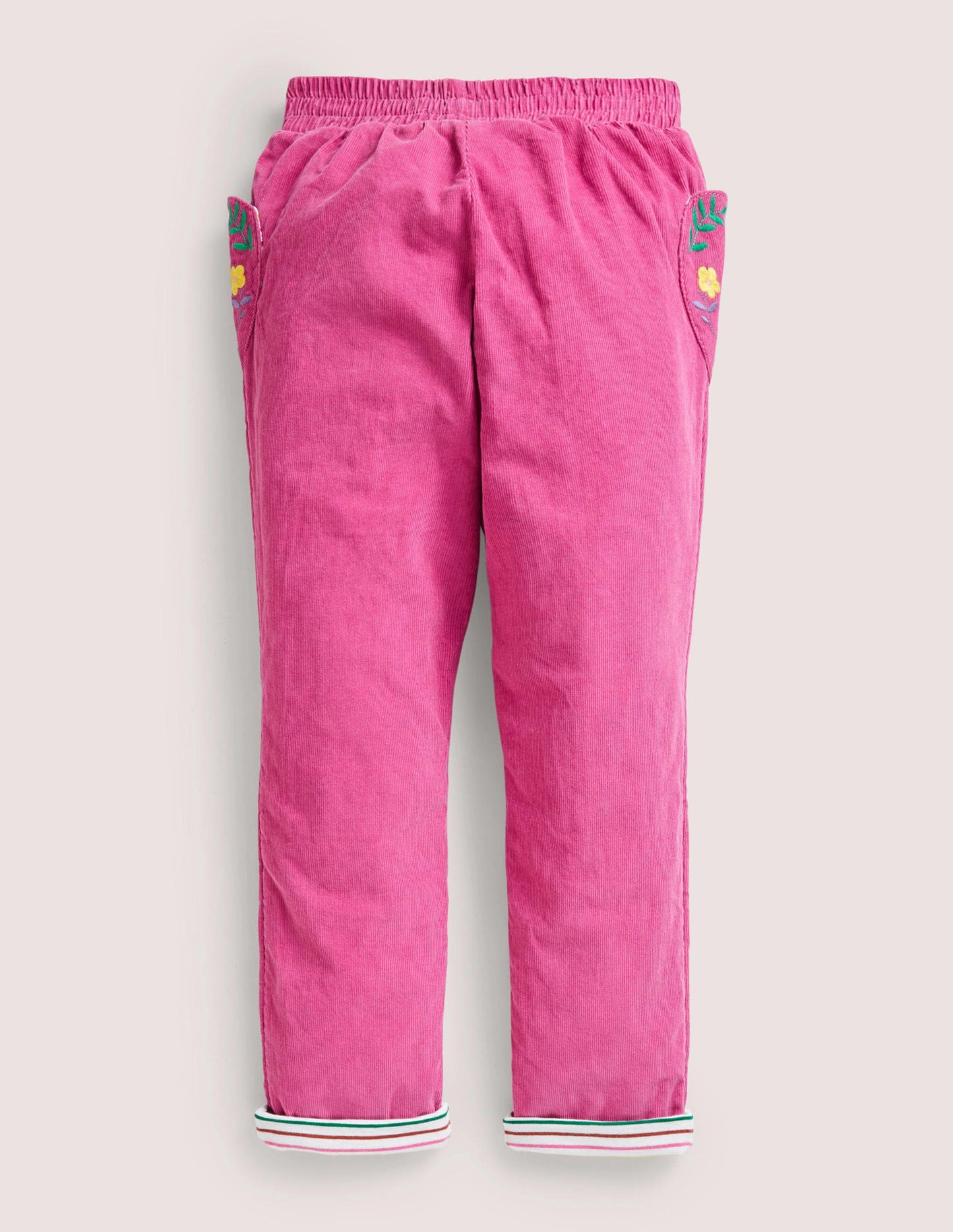 Lined Pull-on Cord Pants-Shocking Pink Embroidery