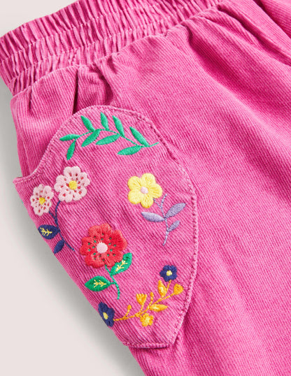 Lined Pull-on Cord Pants-Shocking Pink Embroidery-3