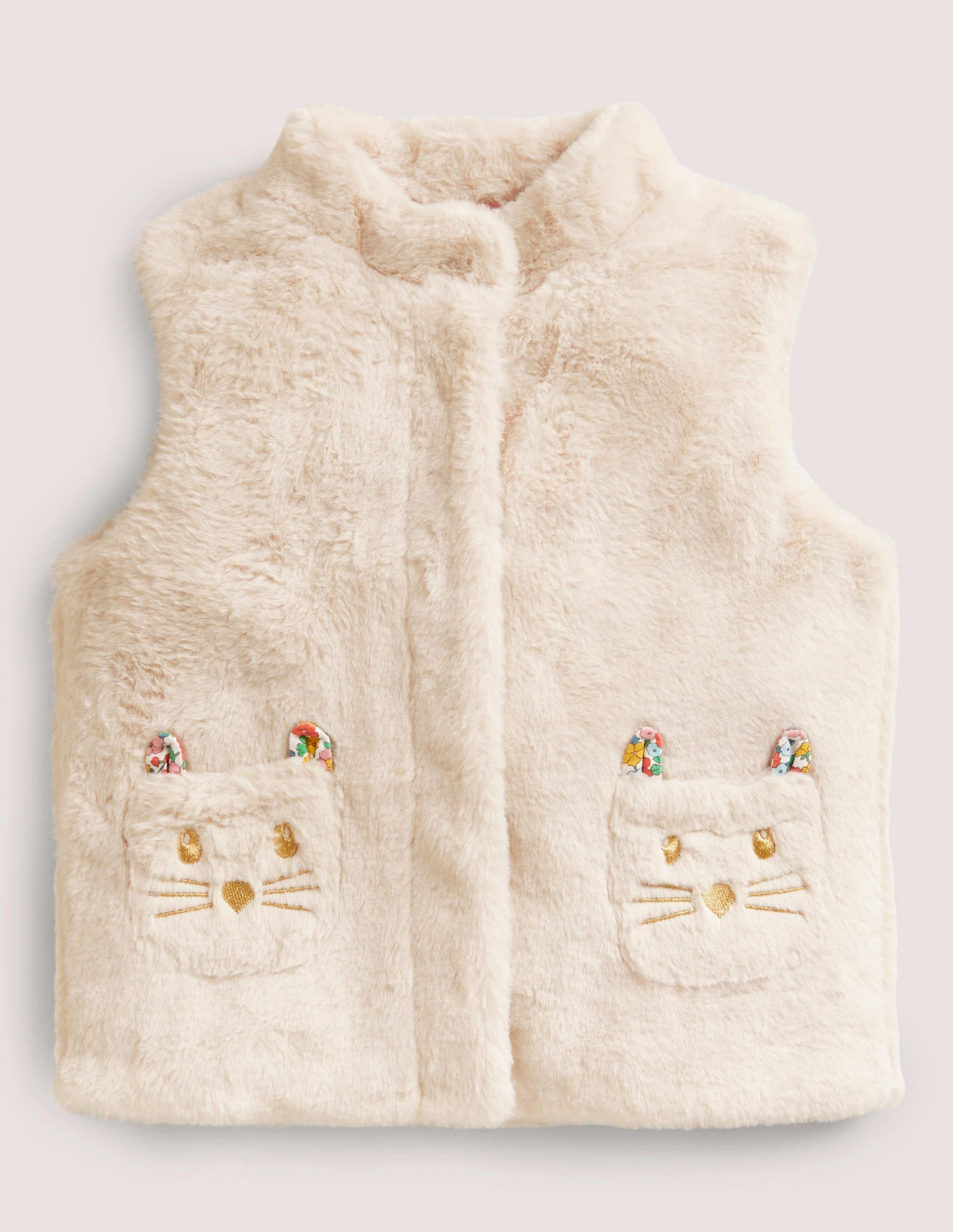 White Faux Fur Gilet with Cat Pockets-Oatmeal - Image 1