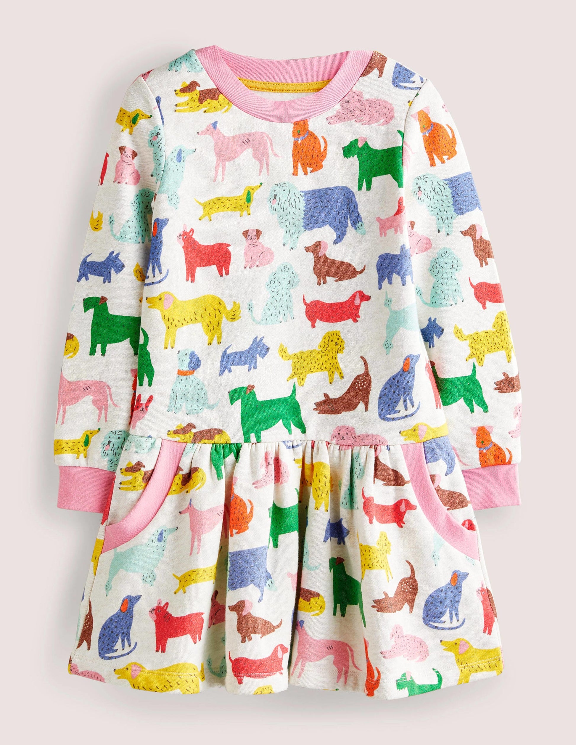Cosy Printed Sweatshirt Dress-Oatmeal Marl Playful Pups-1
