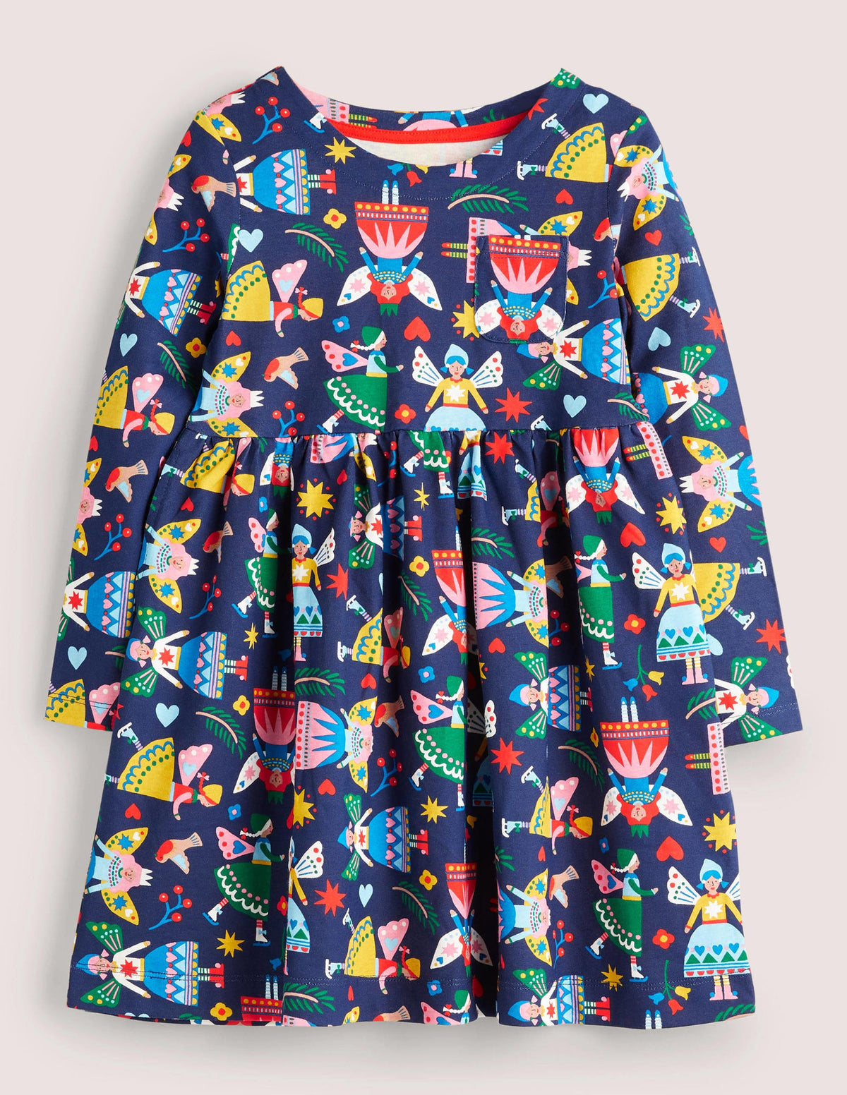 Long Sleeve Fun Jersey Dress-College Navy Folk Fairies - Image 1