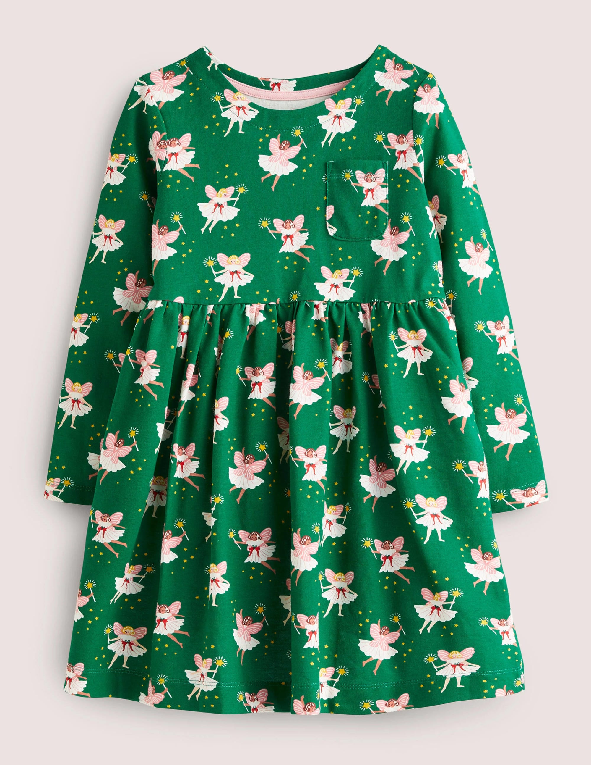 Long Sleeve Fun Jersey Dress-Shady Glade Green Fairies - Image 1