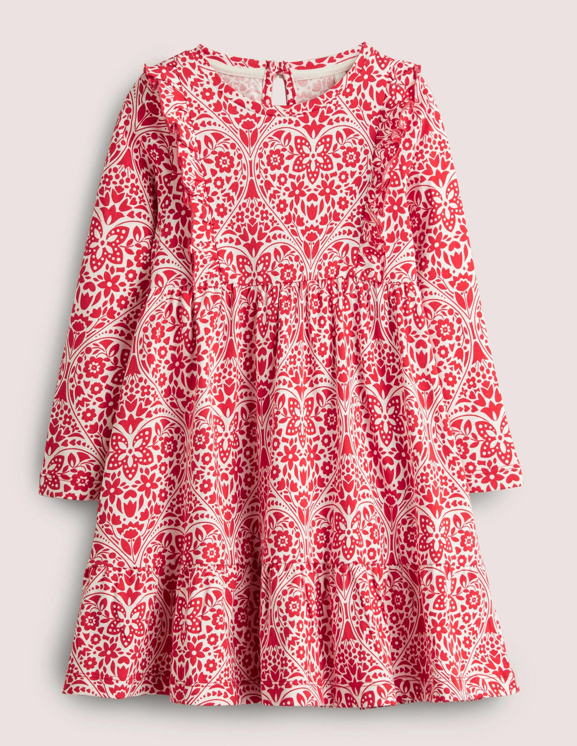 Frill Tiered Jersey Dress-Rockabilly Red Folk Hearts-1